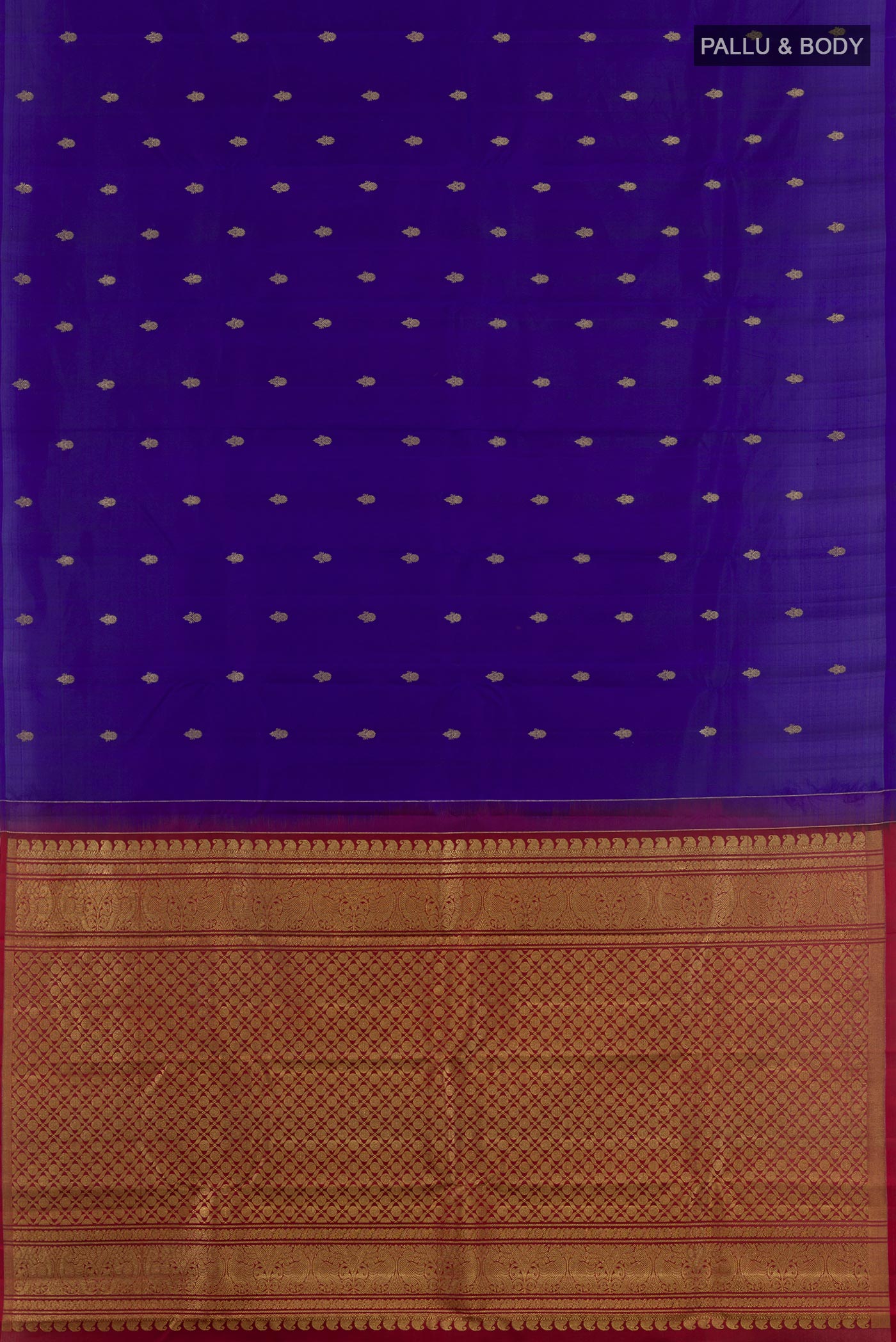Flat view of Blue Kanchipuram Silk Saree with Zari Butta on the body and Zari Border. 