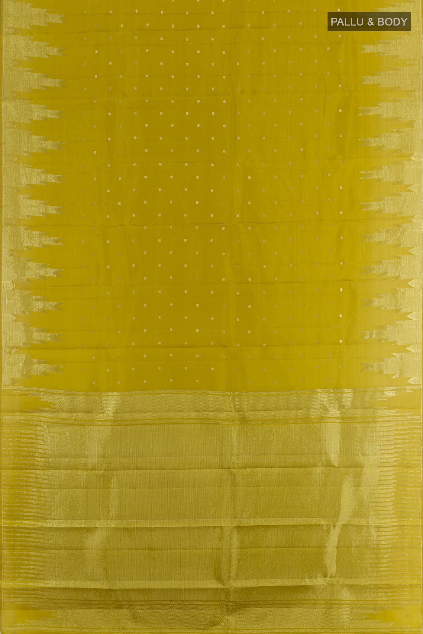 Flat view of Mehandi Green Kanchipuram Silk Saree with Zari Butta on the body and Zari Border. 