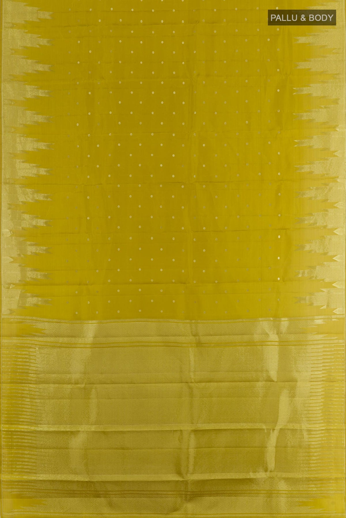 Flat view of Mehandi Green Kanchipuram Silk Saree with Zari Butta on the body and Zari Border. 