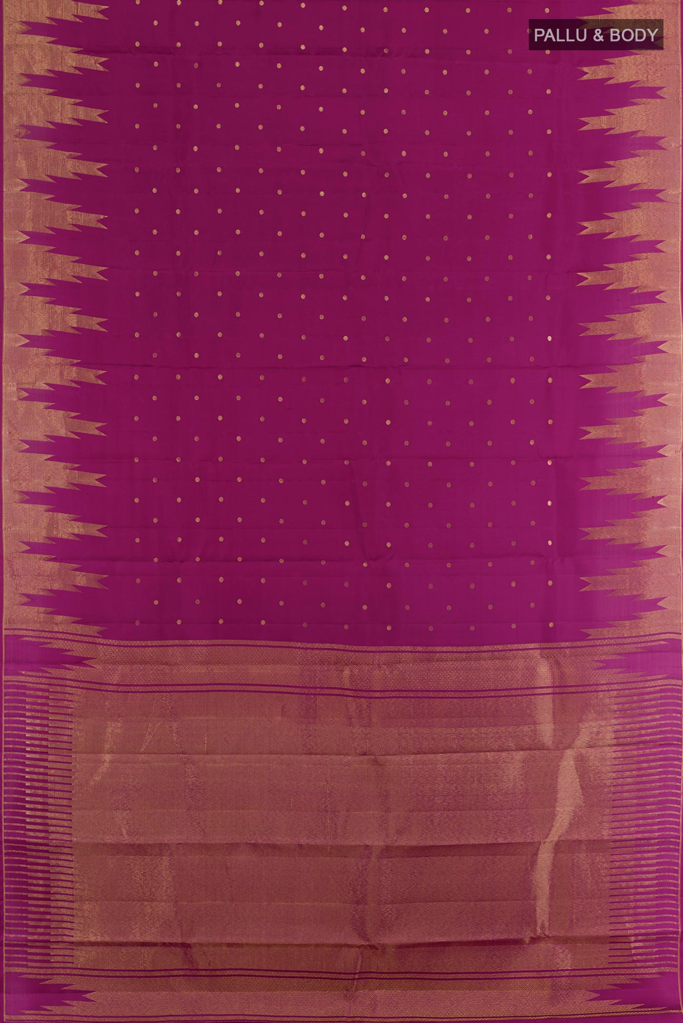 Flat view of Purple Kanchipuram Silk Saree with Jacquard design on the body and Zari Border. 