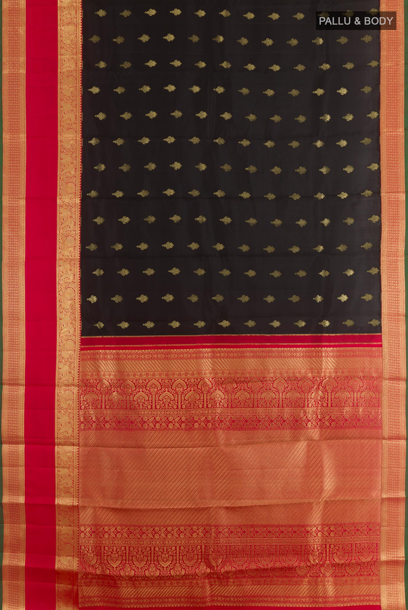 Flat view of Black Kanjivaram Silk Saree with Zari Butta on the body and Zari Border. 
