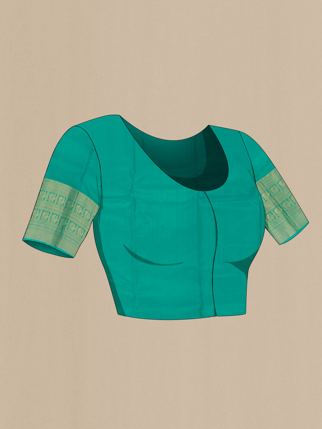 Close up image of the blouse of Green Kanchipuram Silk Saree with Jacquard With Zari Butta on the body and Zari Border. 