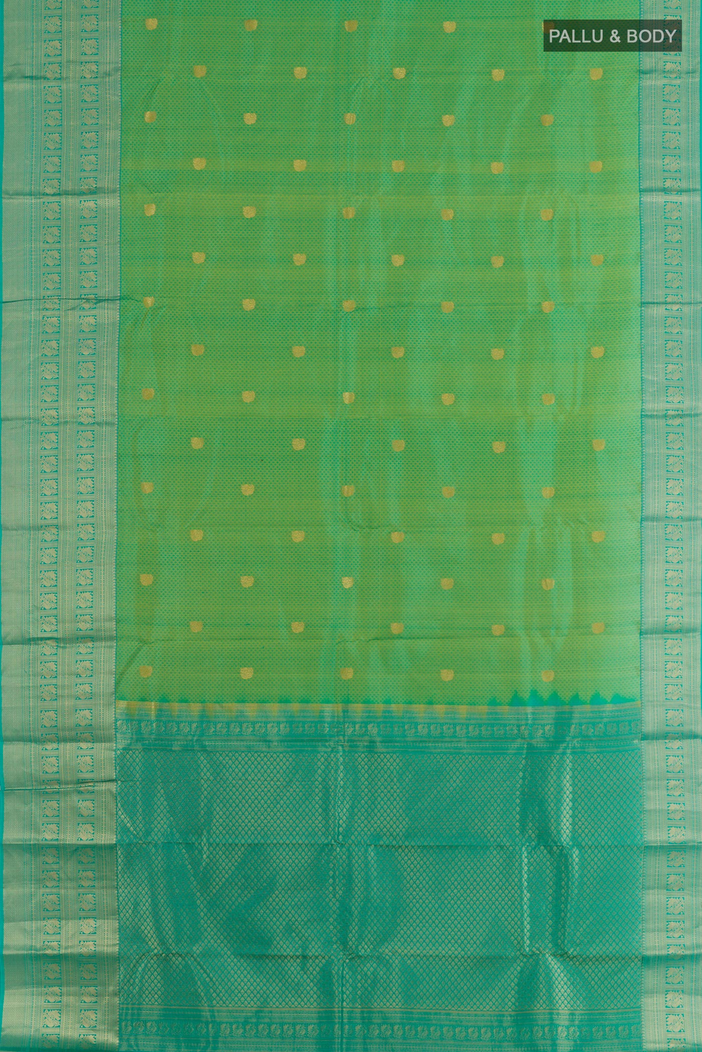 Flat view of Green Kanchipuram Silk Saree with Jacquard With Zari Butta on the body and Zari Border. 