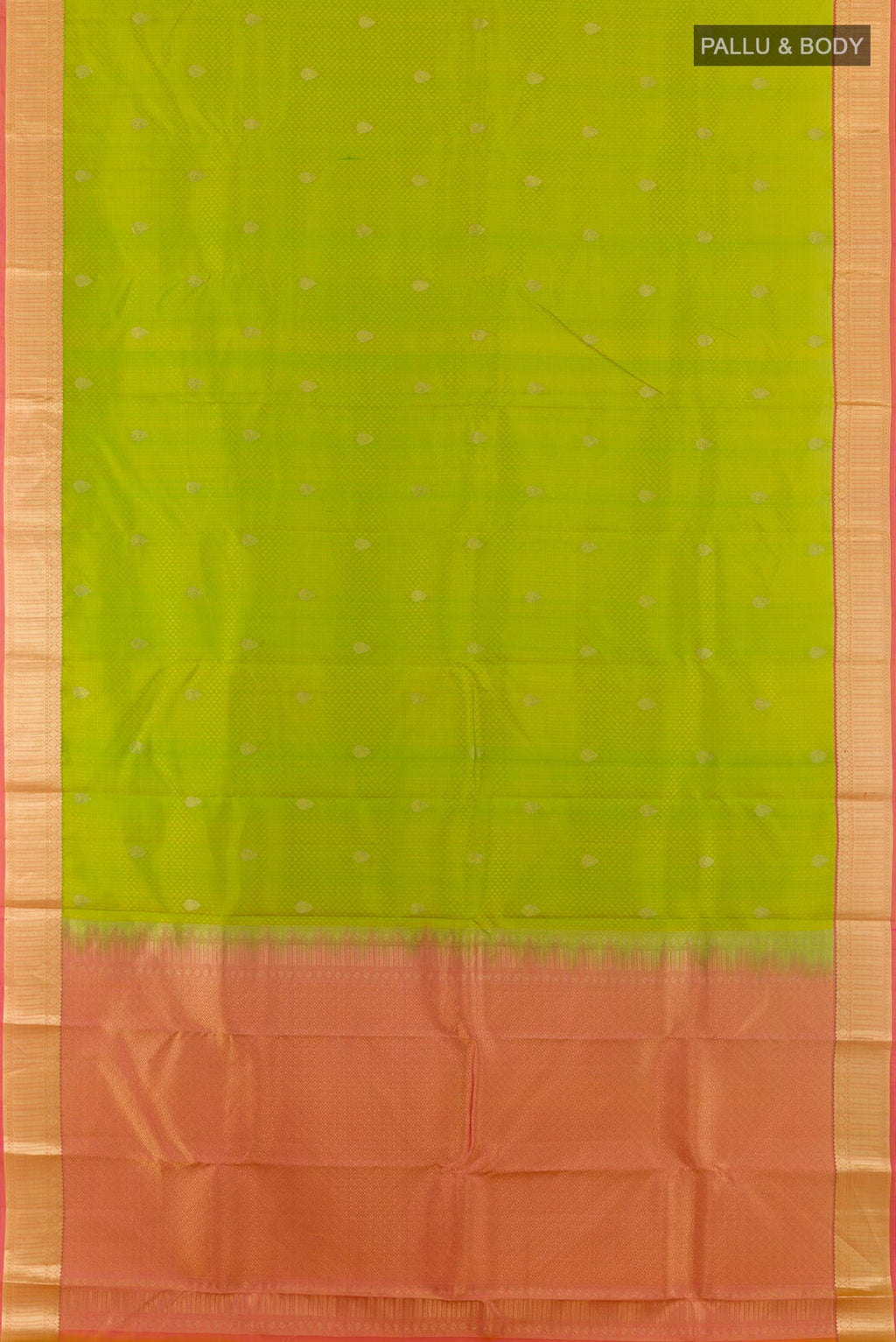 Flat view of Green Kanchipuram Silk Saree with Jacquard With Zari Butta on the body and Zari Border. 