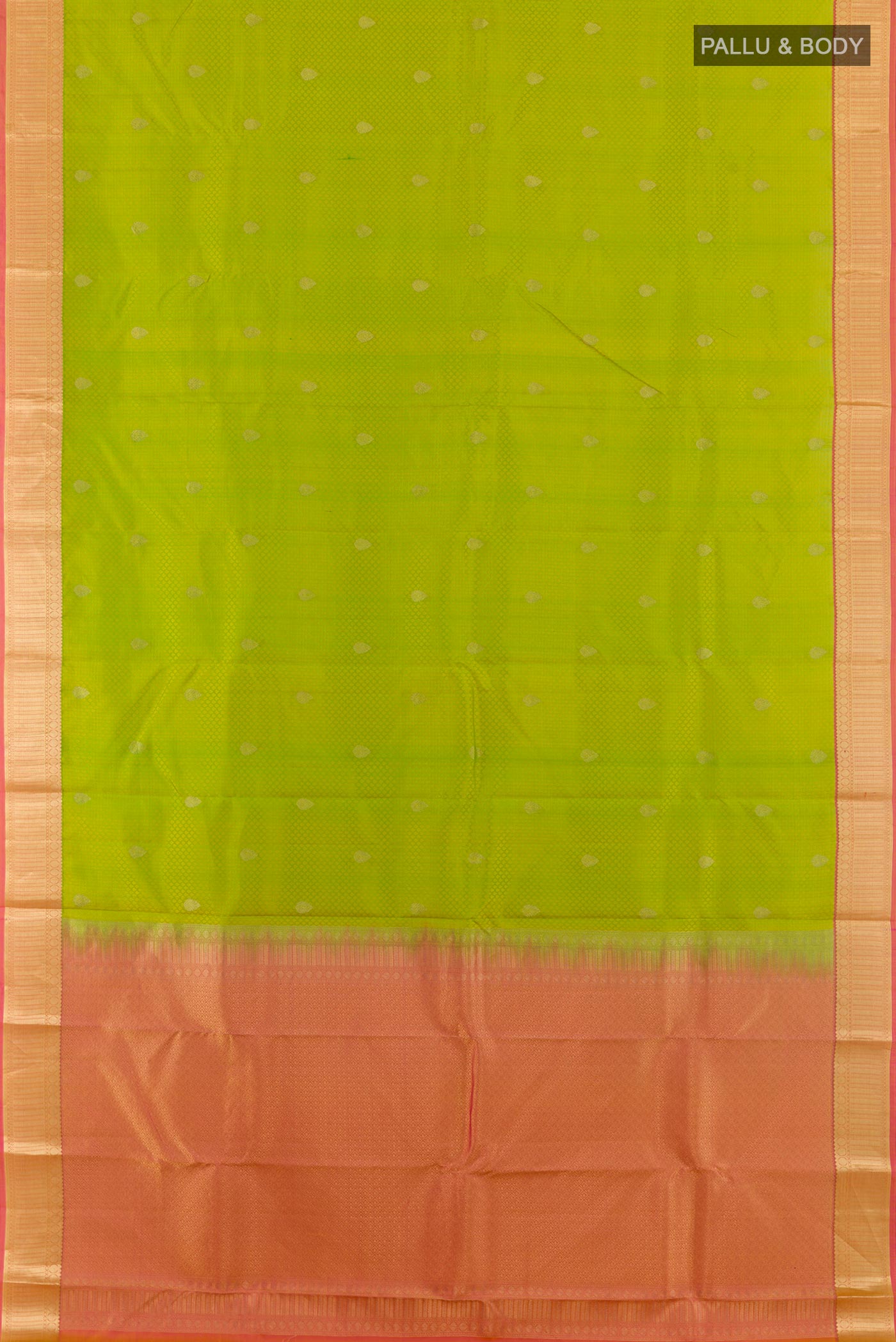 Flat view of Green Kanchipuram Silk Saree with Jacquard With Zari Butta on the body and Zari Border. 