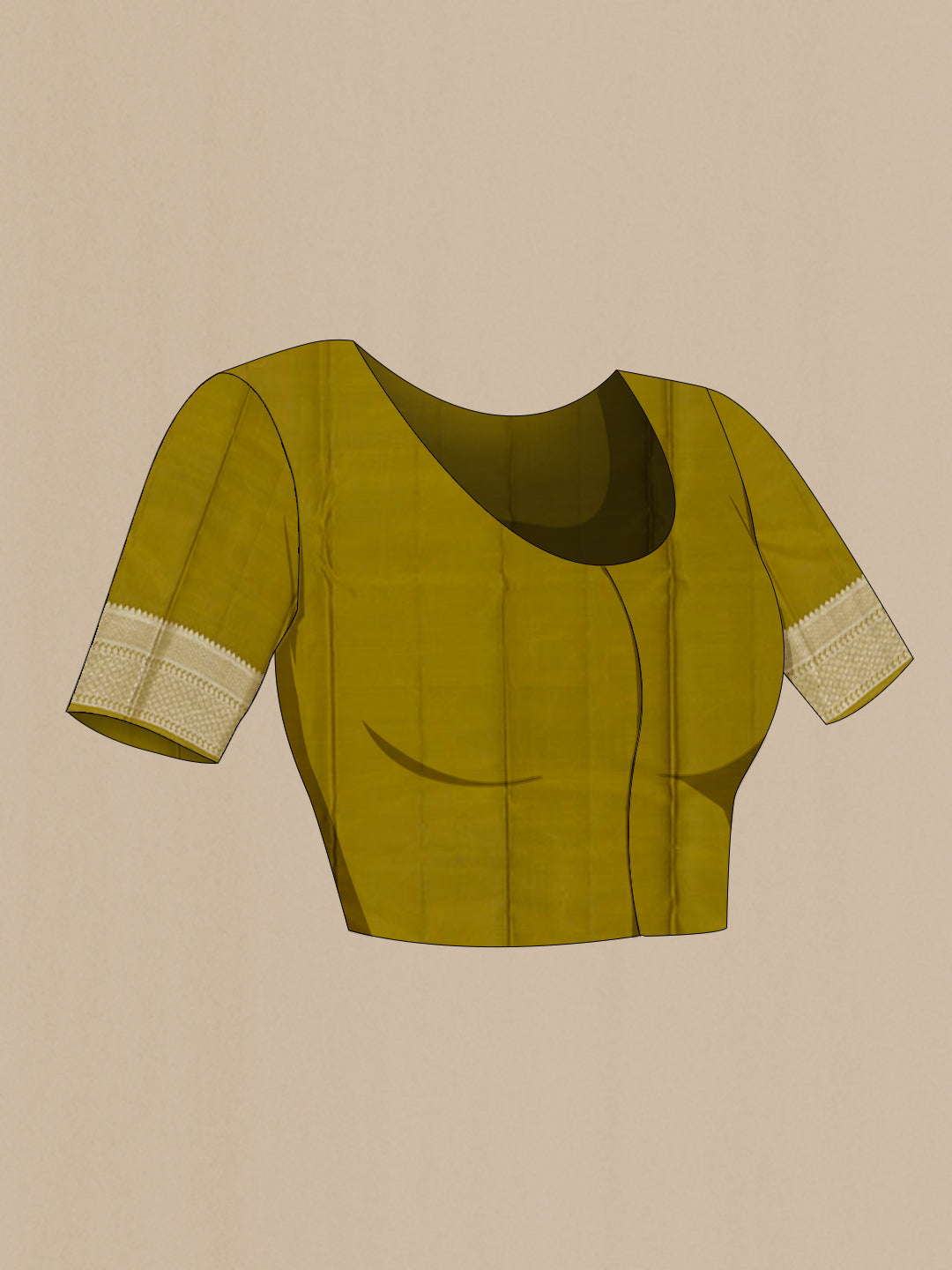 Close up image of the blouse of Mehandi Green Kanchipuram Silk Saree with Jacquard design on the body and Zari Border. 