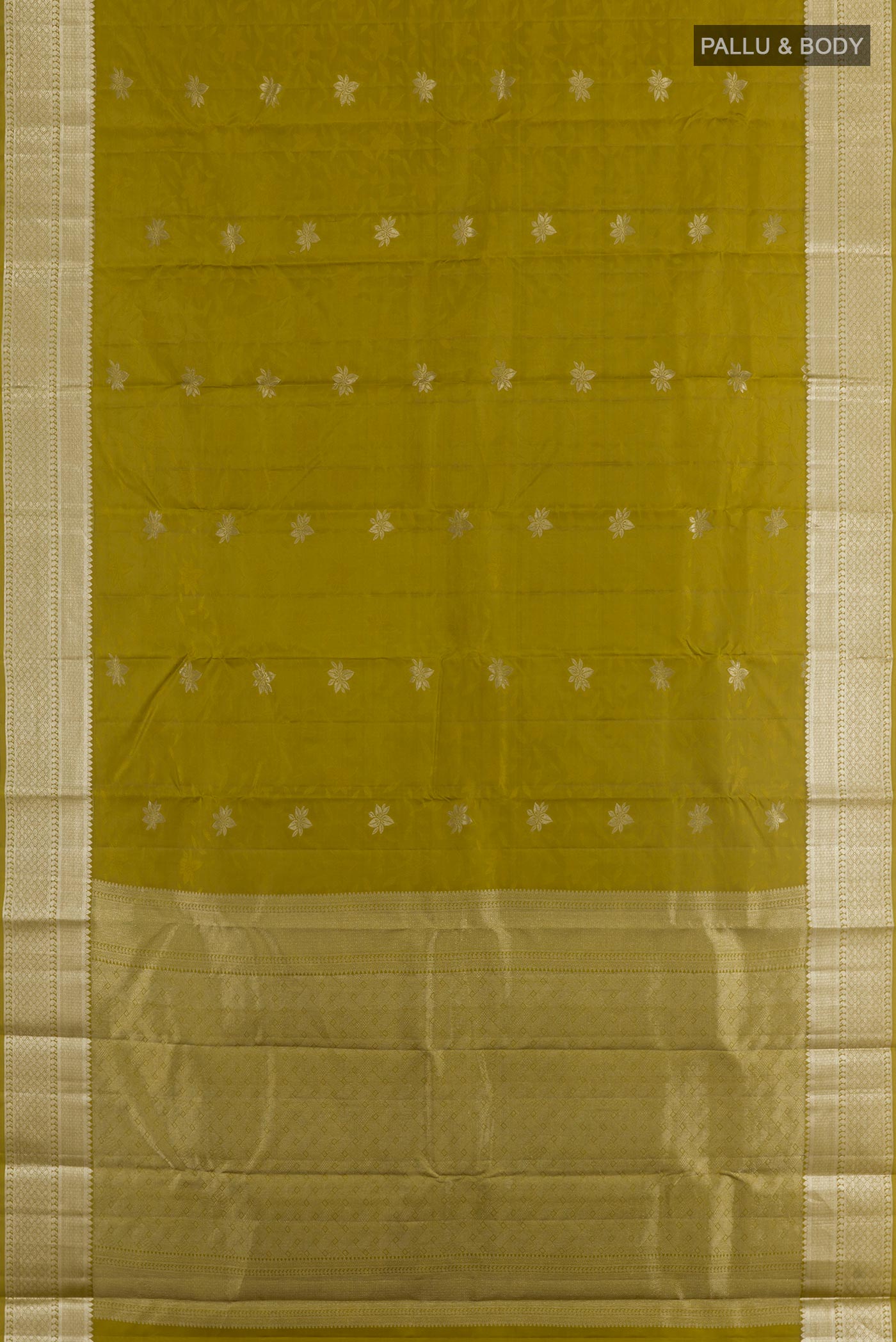 Flat view of Mehandi Green Kanchipuram Silk Saree with Jacquard design on the body and Zari Border. 