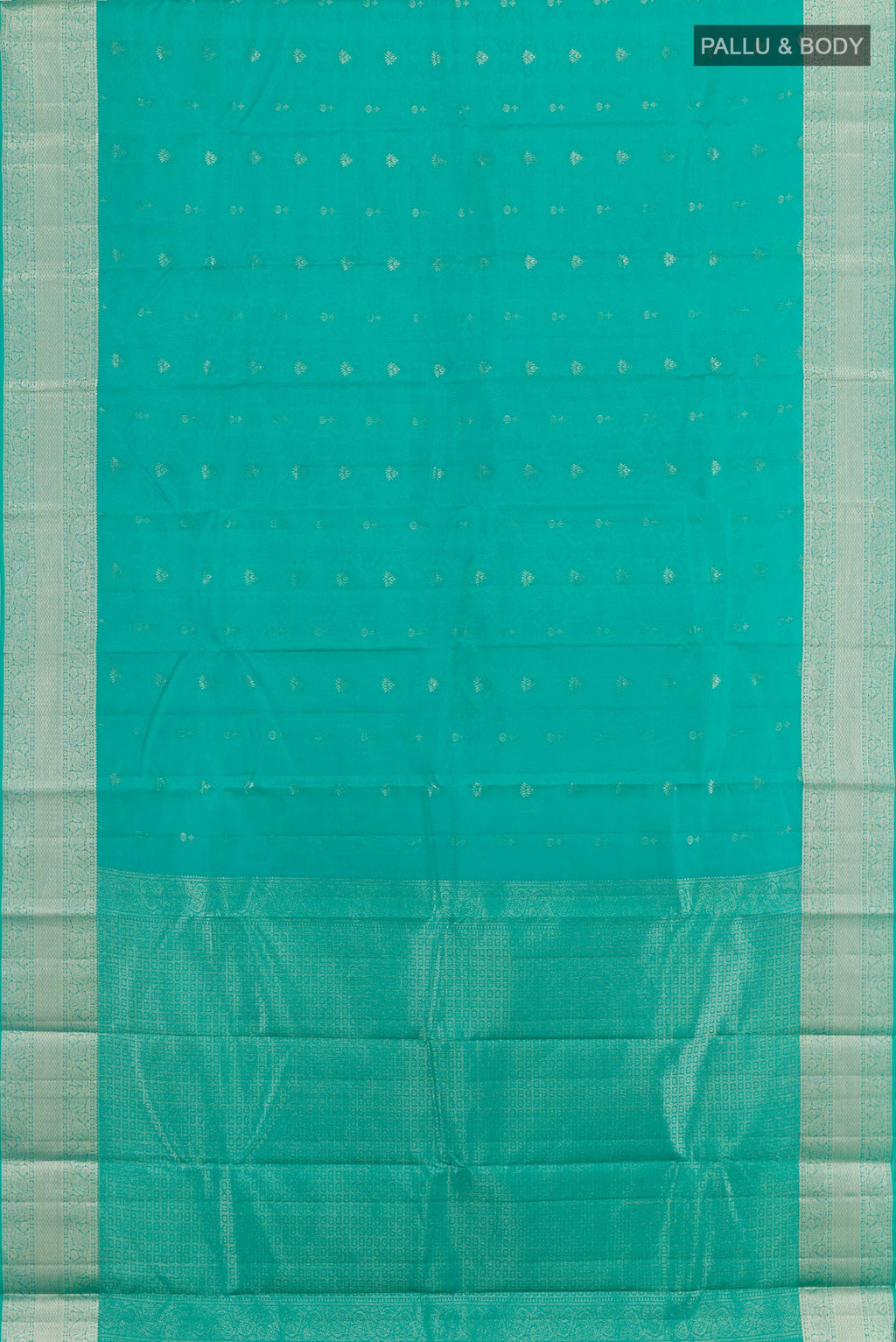 Flat view of Turquoise Kanchipuram Silk Saree with Jacquard With Zari Butta on the body and Zari Border. 