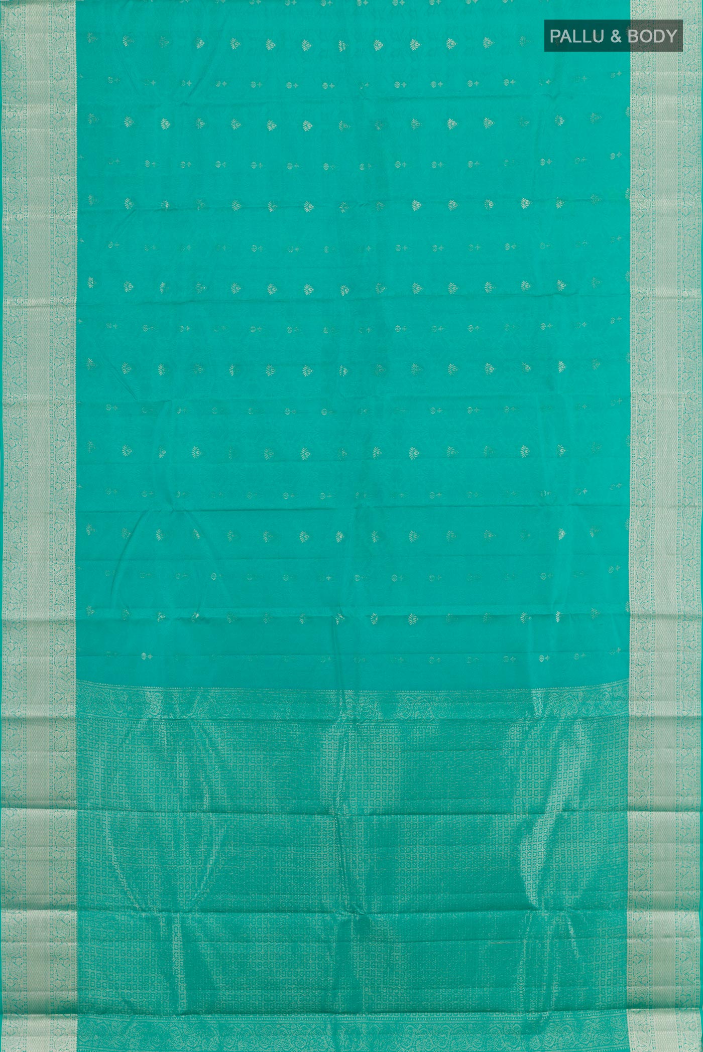 Flat view of Turquoise Kanchipuram Silk Saree with Jacquard With Zari Butta on the body and Zari Border. 
