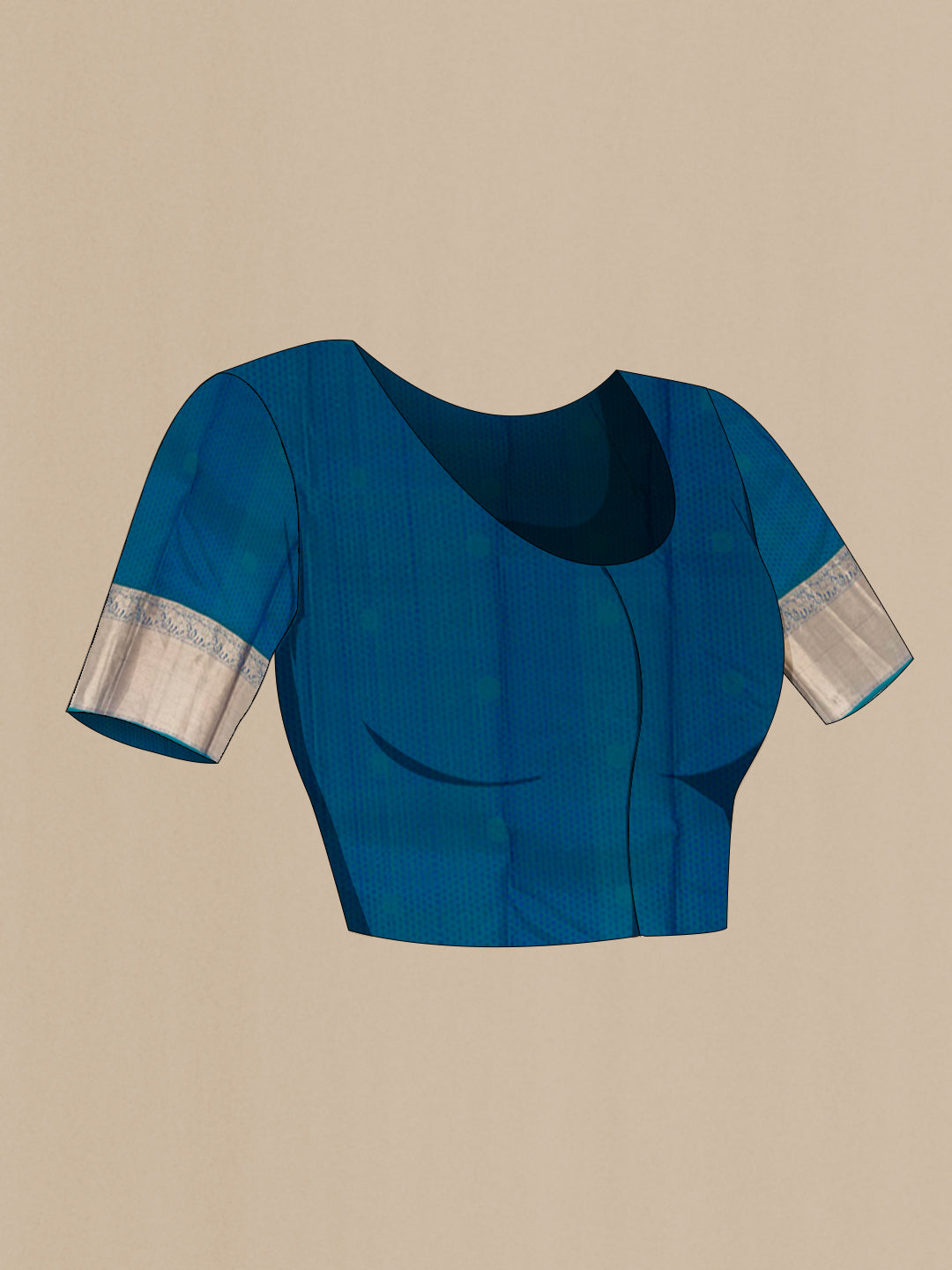 Close up image of the blouse of Peacock Blue Kanchipuram Silk Saree with Jacquard With Zari Butta on the body and Zari Border. 