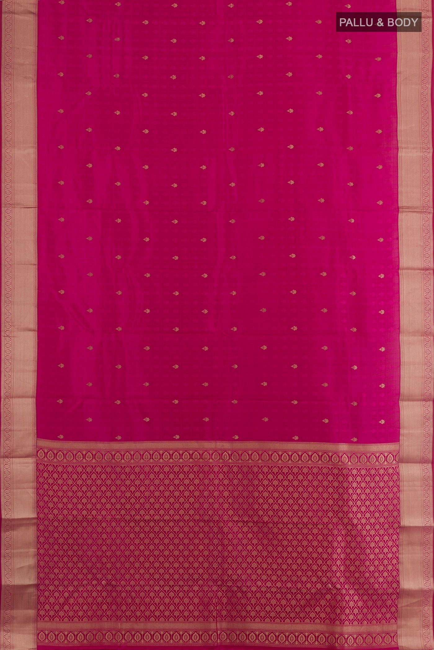 Flat view of Rani Pink Kanchipuram Silk Saree with Jacquard With Zari Butta on the body and Zari Border. 