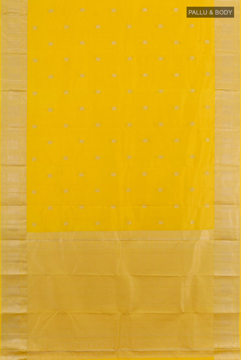 Flat view of Yellow Kanchipuram Silk Saree with Jacquard With Zari Butta on the body and Zari Border. 