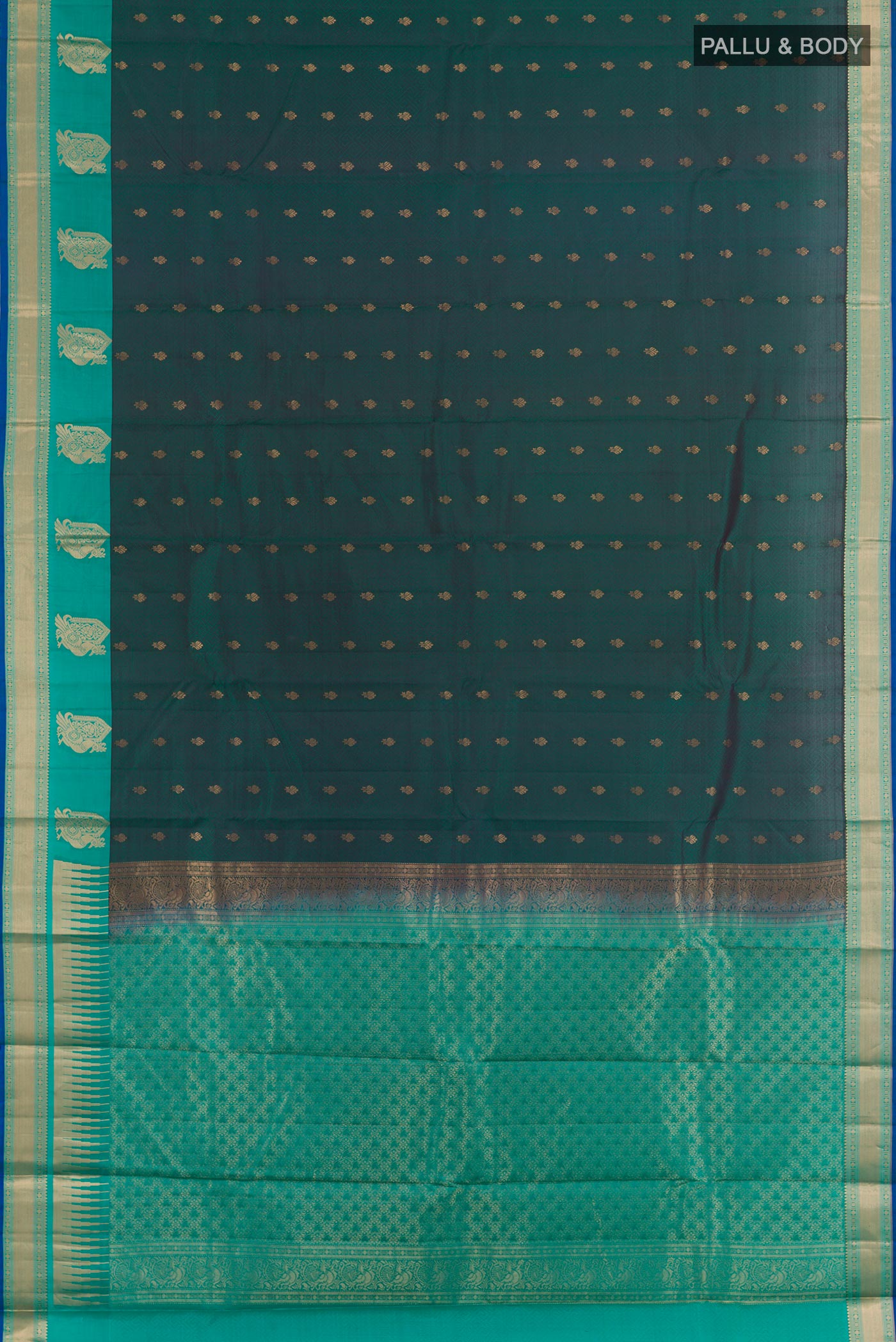 Flat view of Green Kanjivaram Silk Saree with Jacquard With Zari Butta on the body and Zari Border. 