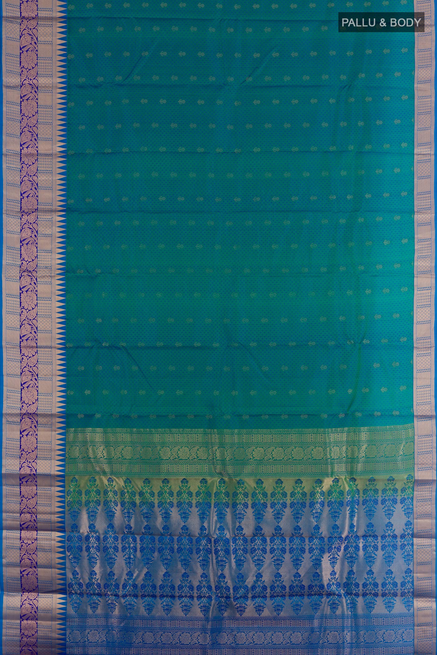 Flat view of Peacock Blue Kanjivaram Silk Saree with Jacquard With Zari Butta on the body and Zari Border. 