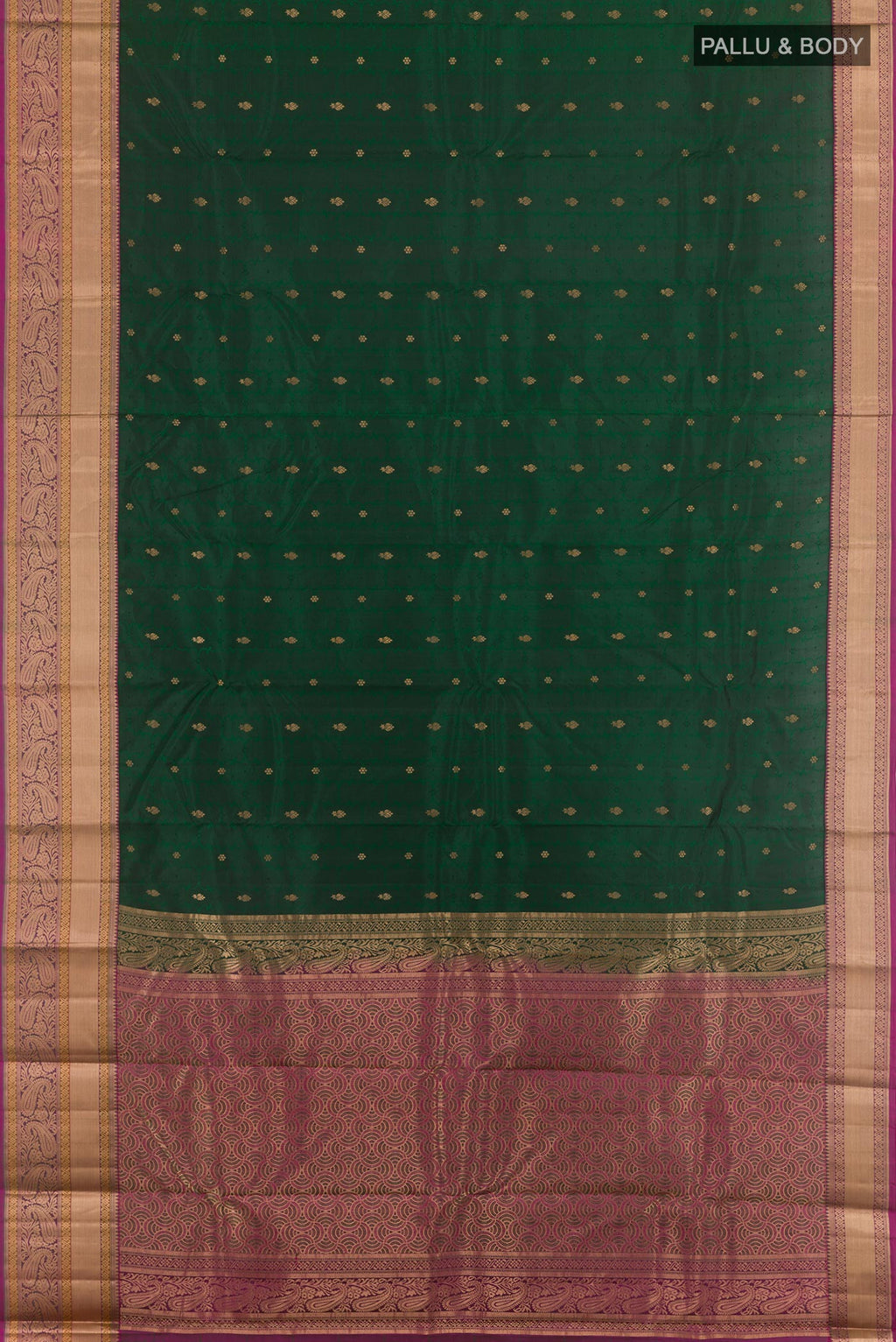 Flat view of Bottle Green Kanjivaram Silk Saree with Jacquard With Zari Butta on the body and Zari Border. 