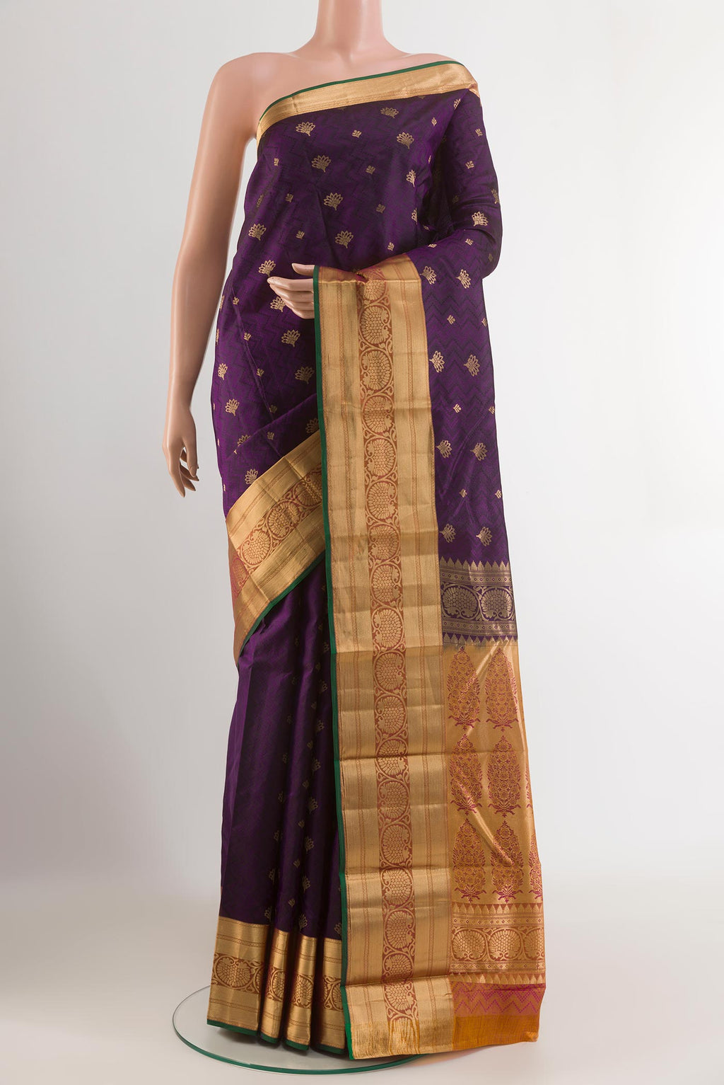 Purple Kanjivaram Silk Saree with Jacquard With Zari Butta on the body and Zari Border.  displayed on a mannequin