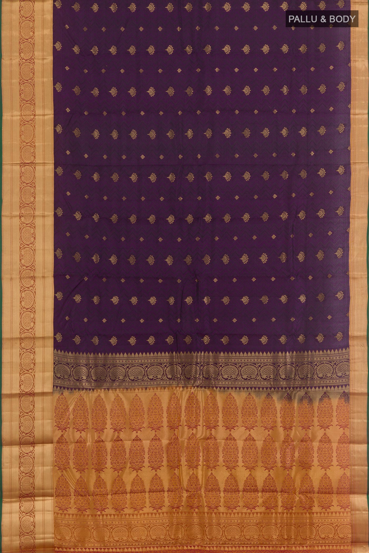 Flat view of Purple Kanjivaram Silk Saree with Jacquard With Zari Butta on the body and Zari Border. 
