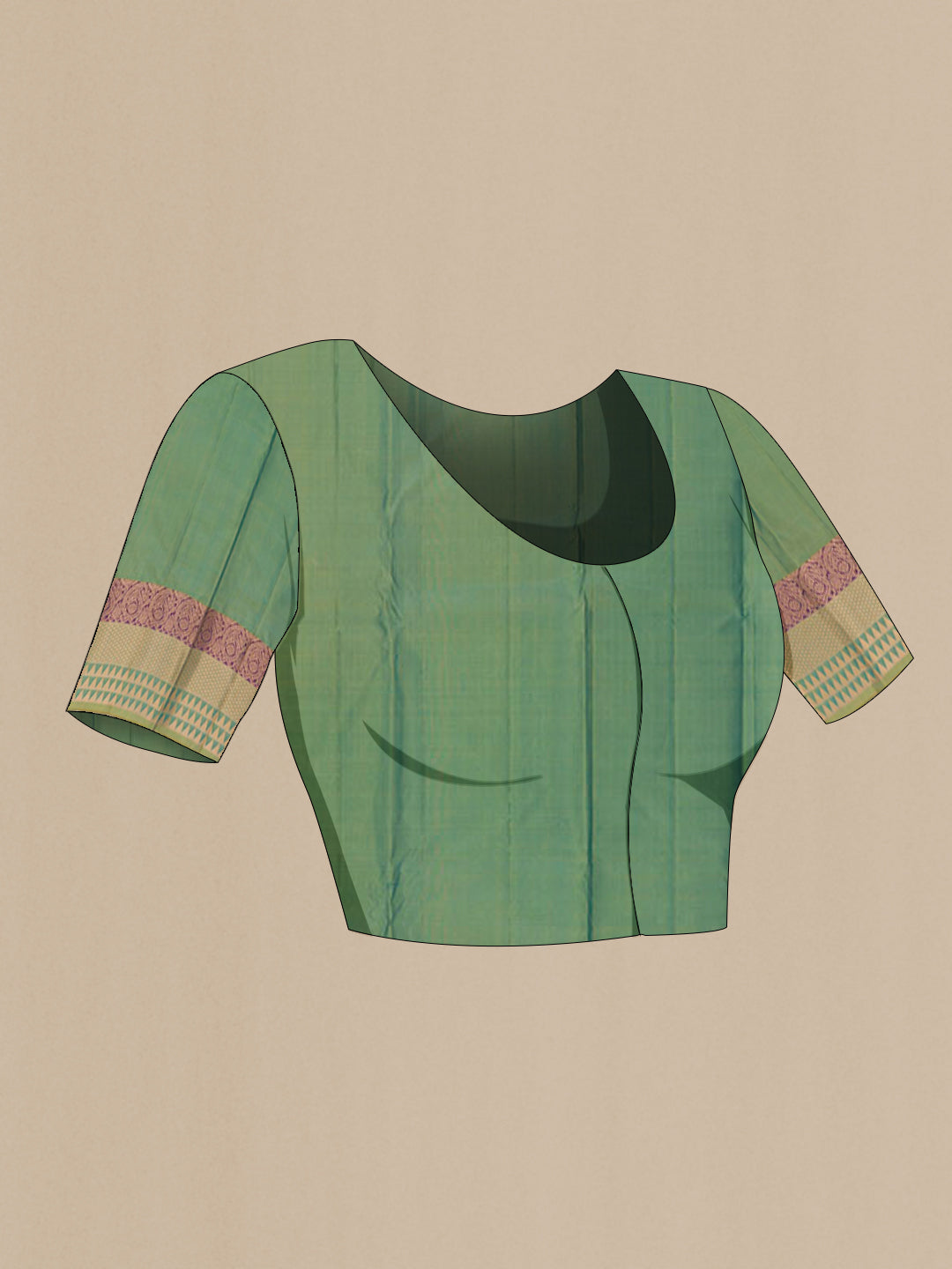 Close up image of the blouse of Green Kanjivaram Silk Saree with Zari Butta on the body and Zari Border. 