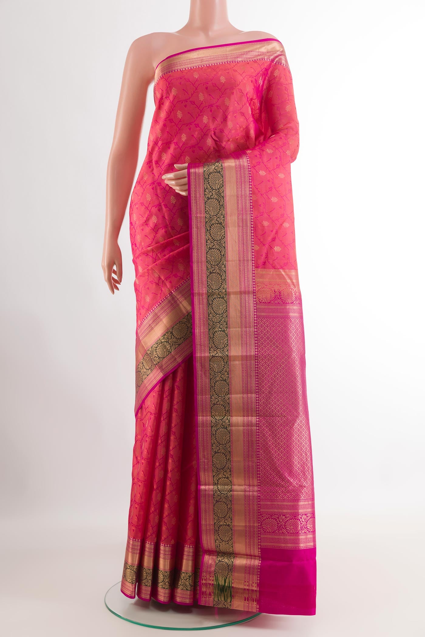 Pink Kanjivaram Silk Saree with Jacquard With Zari Butta on the body and Zari Border.  displayed on a mannequin