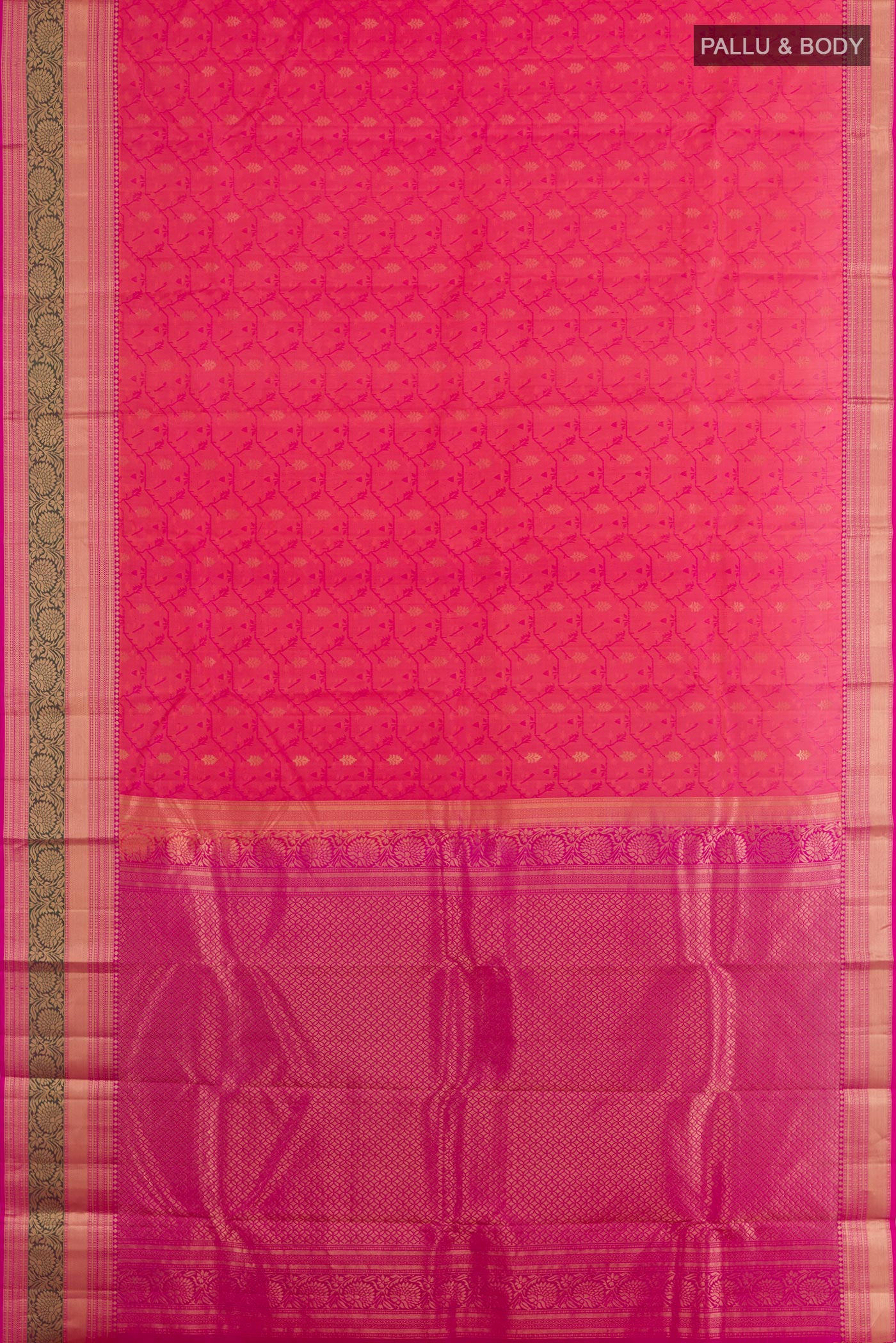 Flat view of Pink Kanjivaram Silk Saree with Jacquard With Zari Butta on the body and Zari Border. 