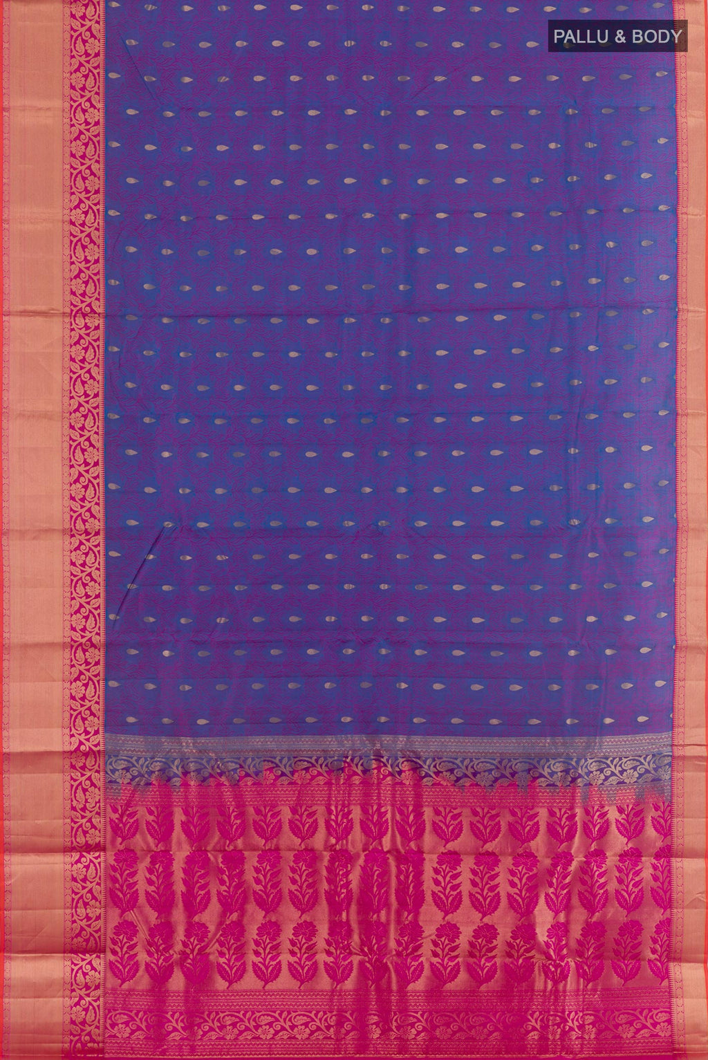 Flat view of Purple Kanjivaram Silk Saree with Jacquard With Zari Butta on the body and Zari Border. 