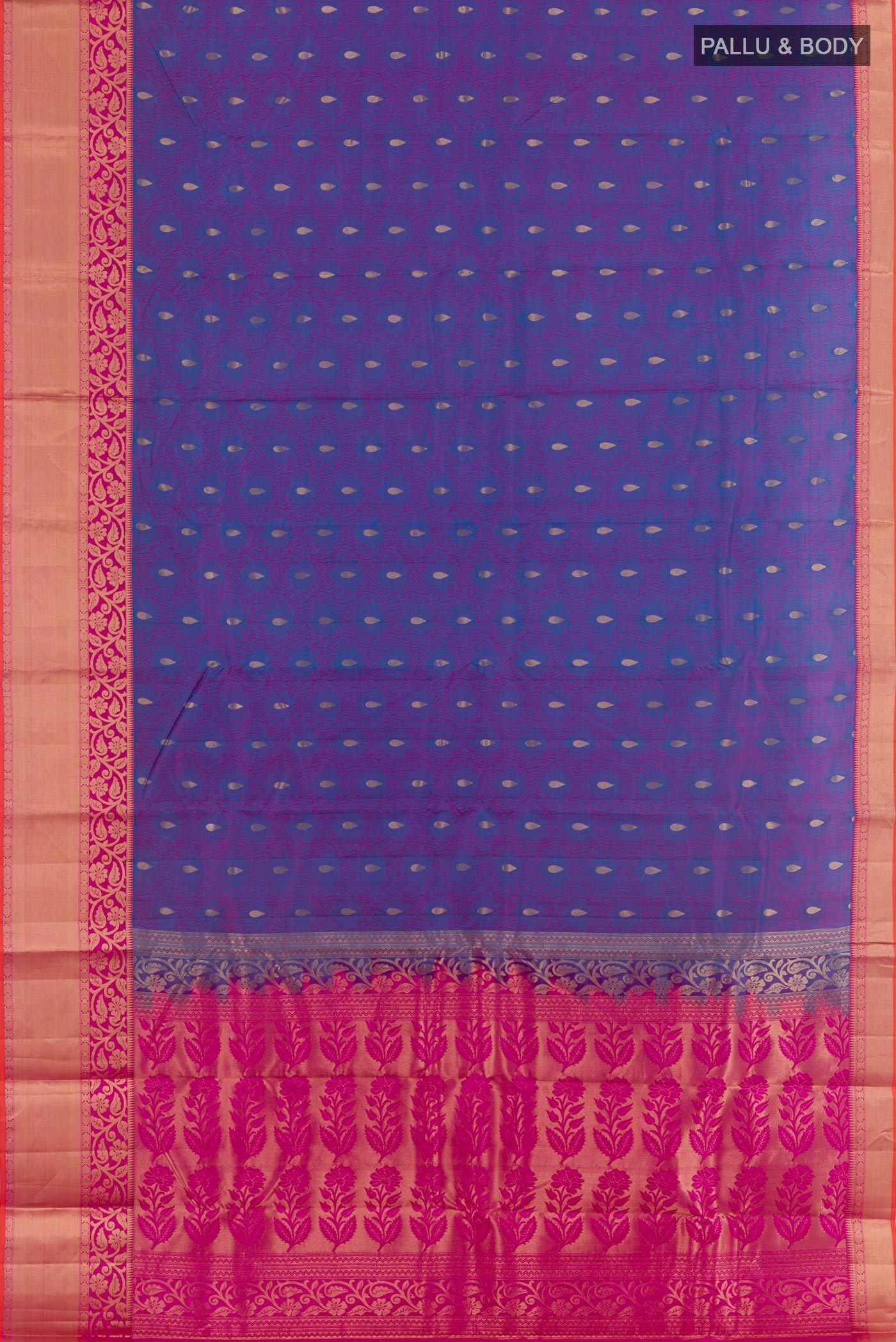 Flat view of Purple Kanjivaram Silk Saree with Jacquard With Zari Butta on the body and Zari Border. 
