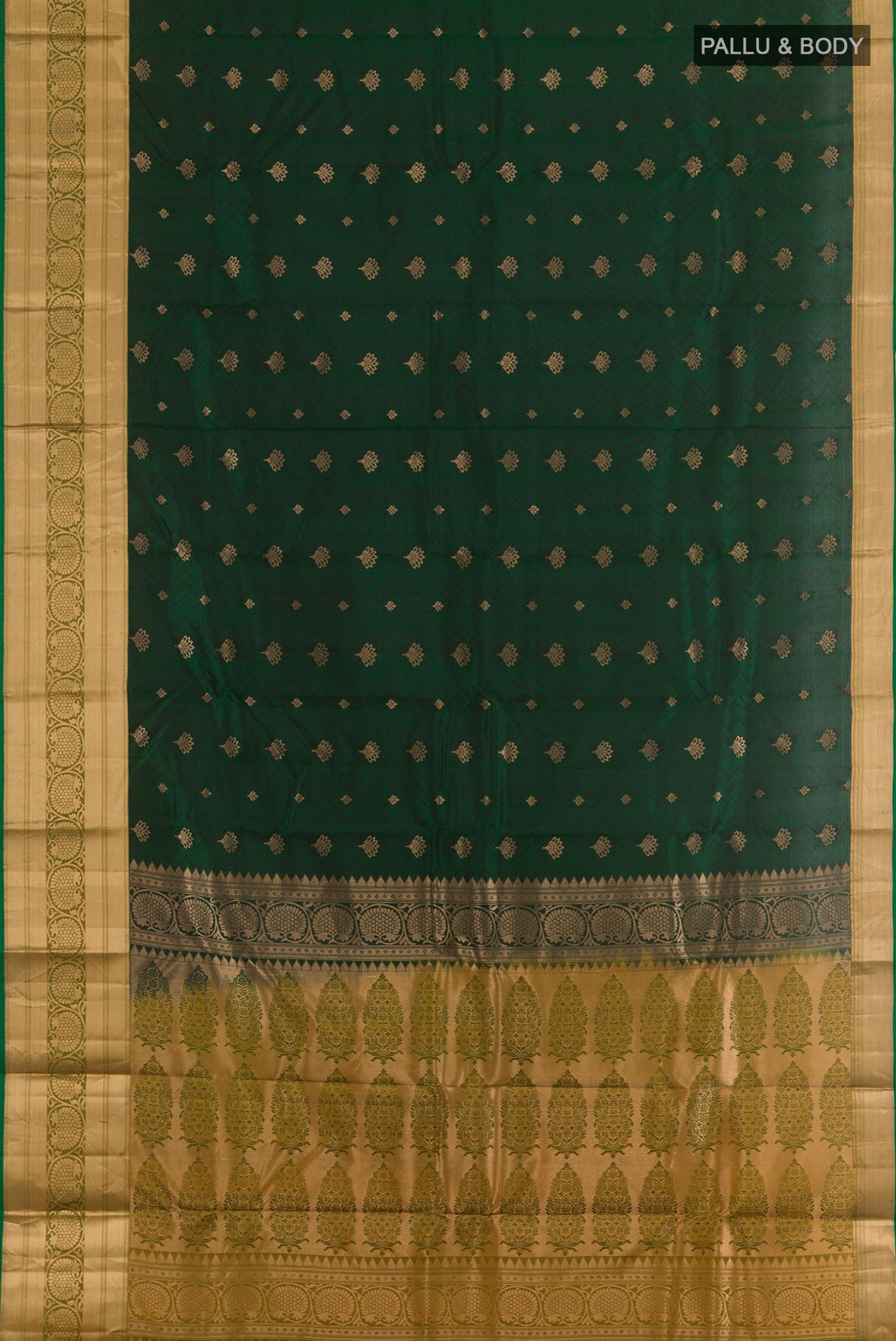 Flat view of Green Kanjivaram Silk Saree with Jacquard With Zari Butta on the body and Zari Border. 