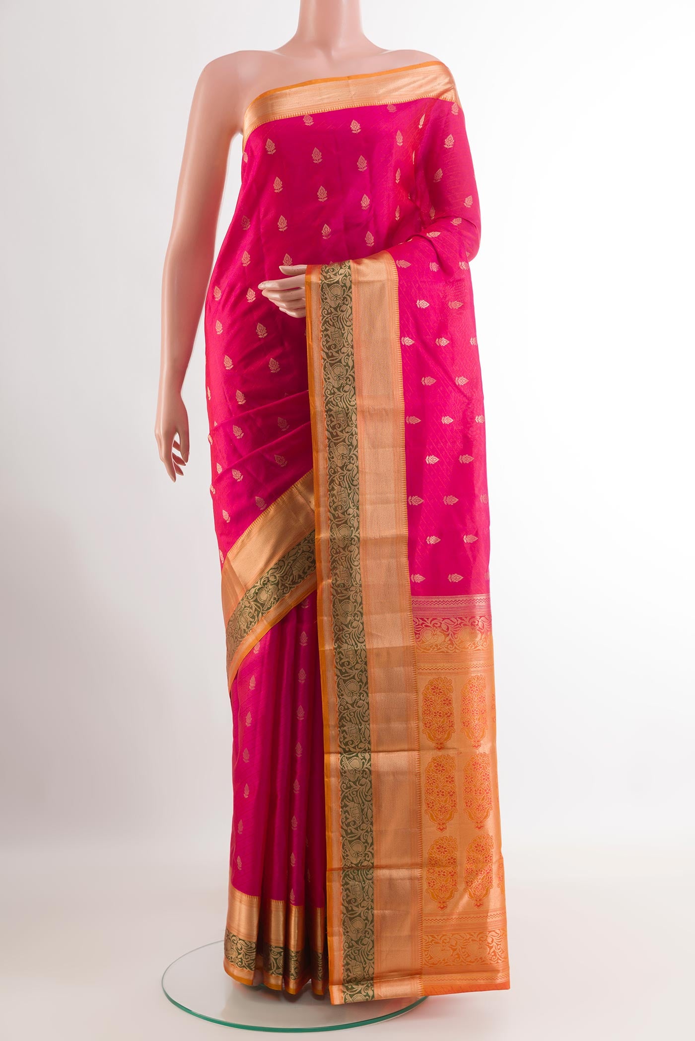 Pink Kanjivaram Silk Saree with Jacquard With Zari Butta on the body and Zari Border.  displayed on a mannequin