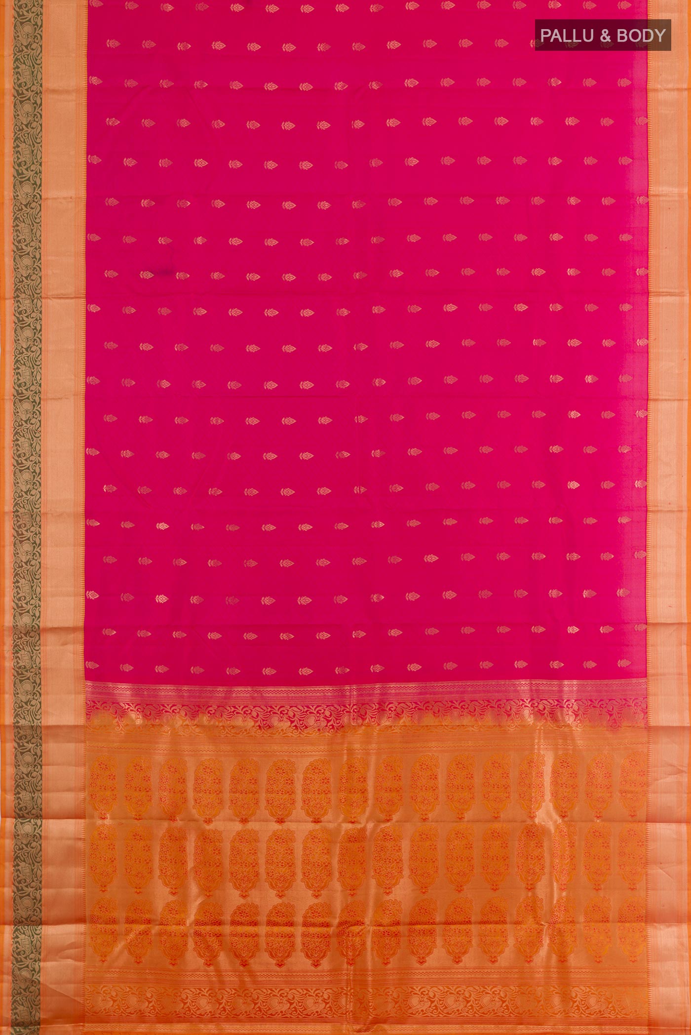 Flat view of Pink Kanjivaram Silk Saree with Jacquard With Zari Butta on the body and Zari Border. 