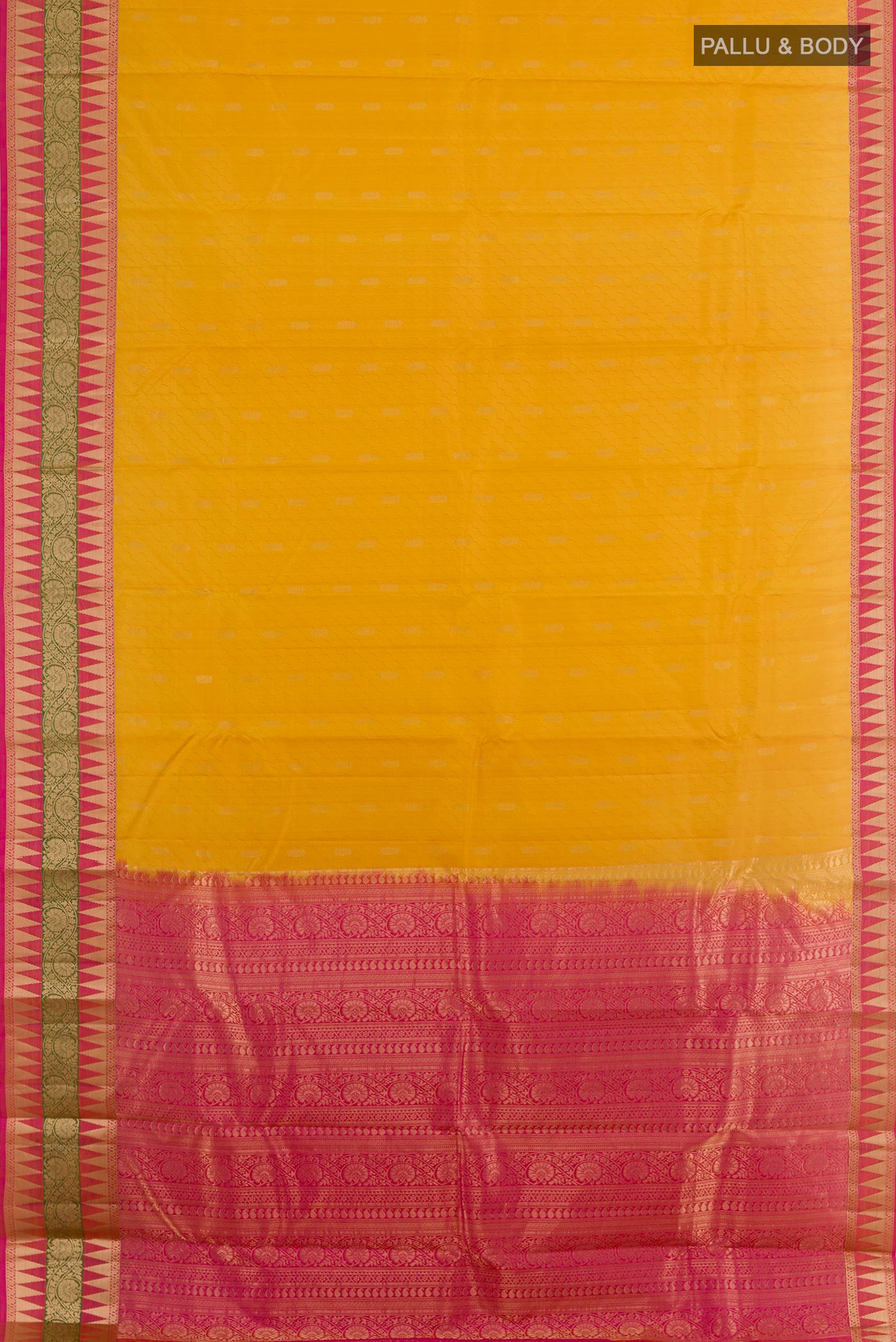 Flat view of Yellow Kanjivaram Silk Saree with Jacquard With Zari Butta on the body and Zari Border. 