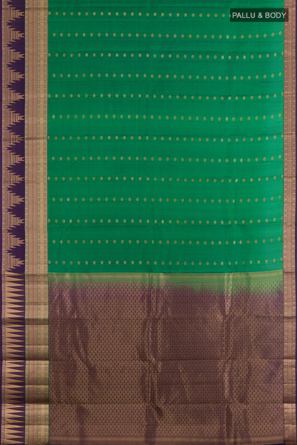 Flat view of Green Kanjivaram Silk Saree with Jacquard With Zari Butta on the body and Zari Border. 