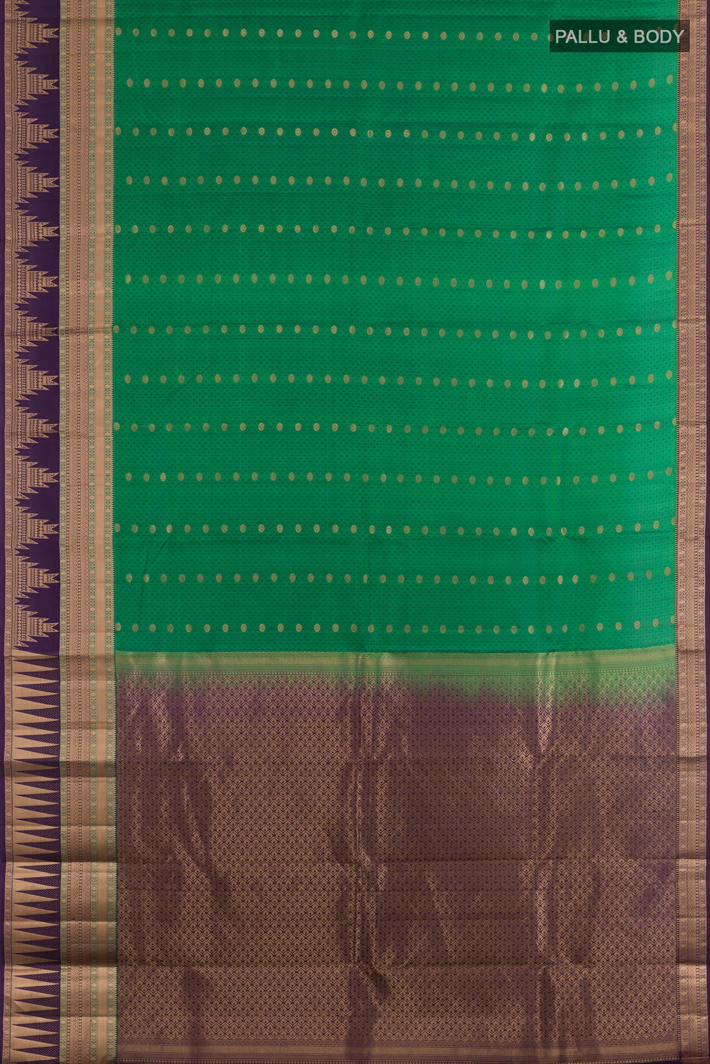 Flat view of Green Kanjivaram Silk Saree with Jacquard With Zari Butta on the body and Zari Border. 