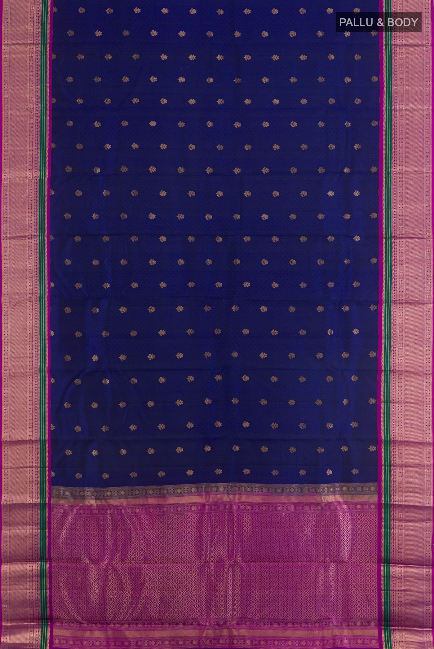 Flat view of Dark Blue Kanjivaram Silk Saree with Jacquard With Zari Butta on the body and Zari Border. 