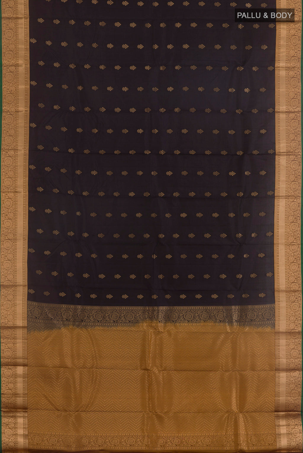 Flat view of Pure Silk Black Kanjivaram Saree with Zari Butta on the body and Zari Border. 