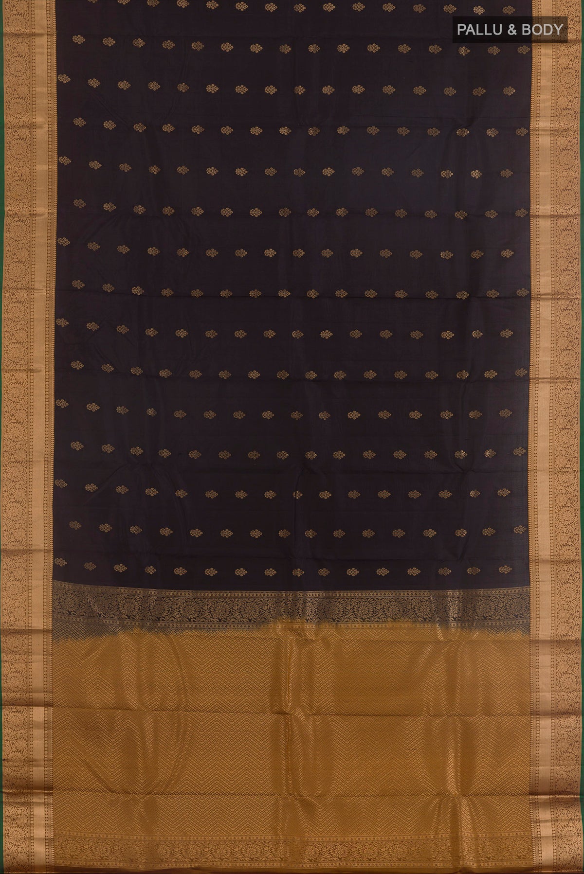 Flat view of Pure Silk Black Kanjivaram Saree with Zari Butta on the body and Zari Border. 