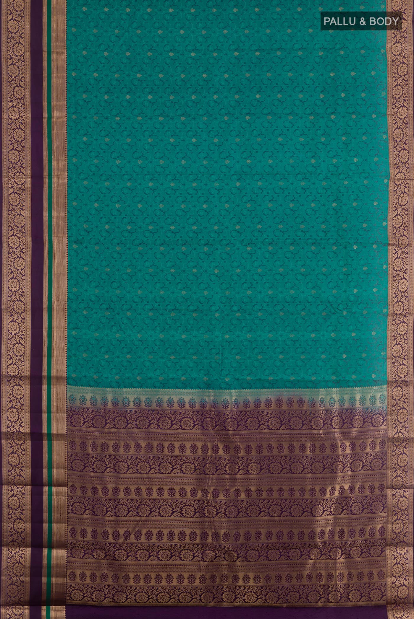 Flat view of Green Kanjivaram Silk Saree with Jacquard With Zari Butta on the body and Zari Border. 