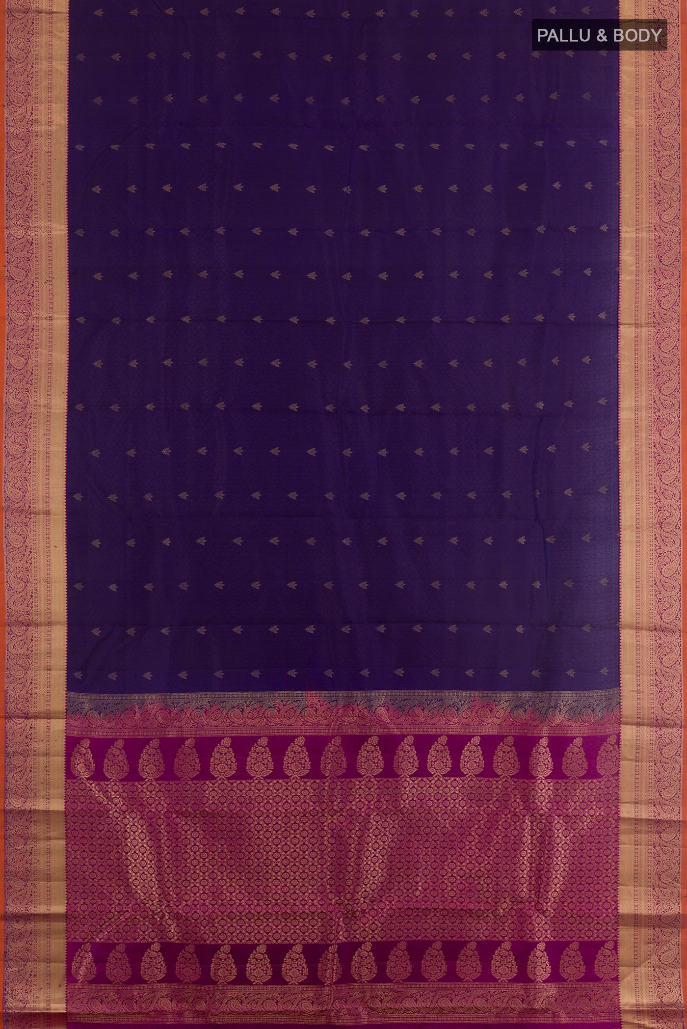 Flat view of Dark Blue Kanjivaram Silk Saree with Jacquard With Zari Butta on the body and Zari Border. 