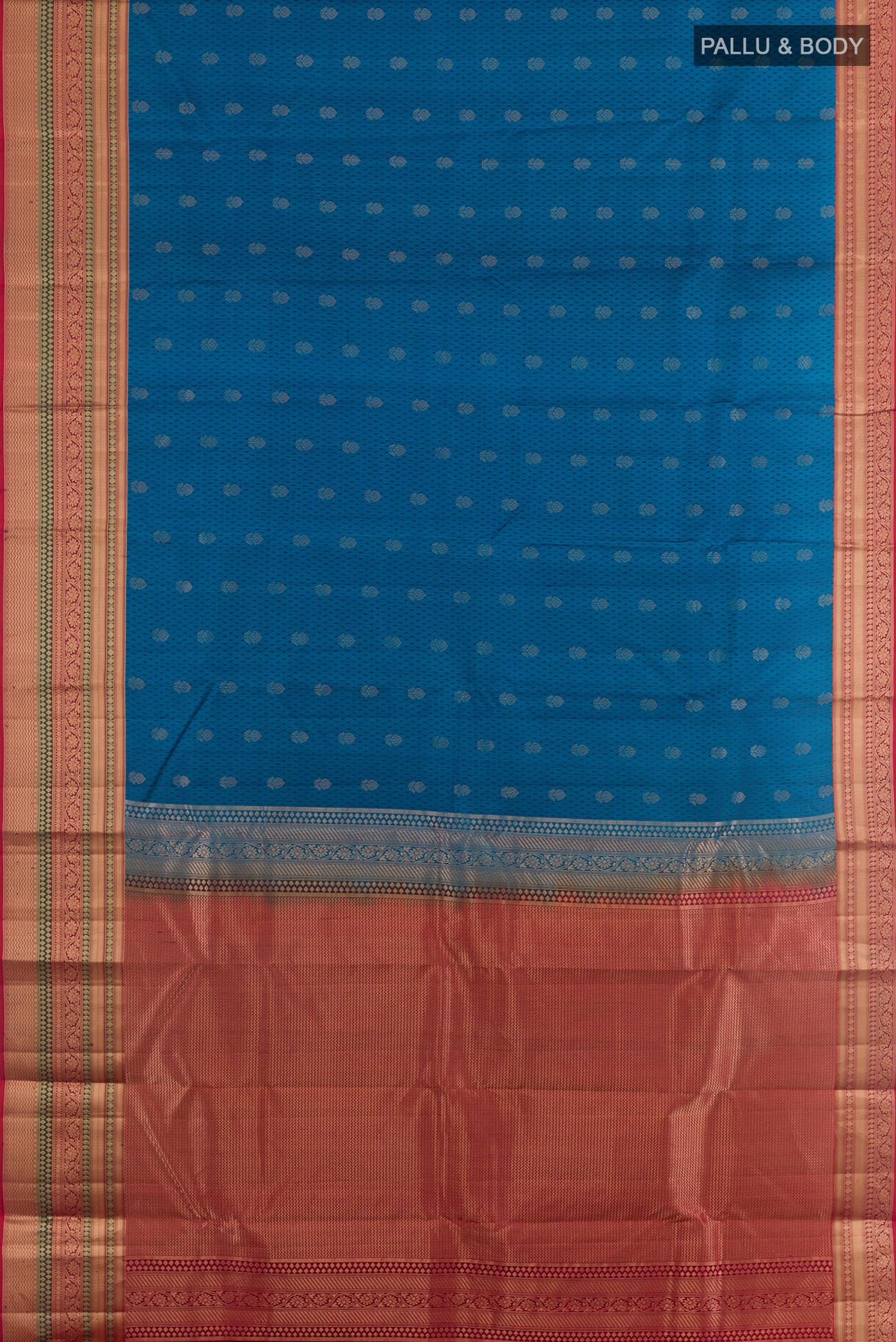 Flat view of Blue Kanjivaram Silk Saree with Jacquard With Zari Butta on the body and Zari Border. 