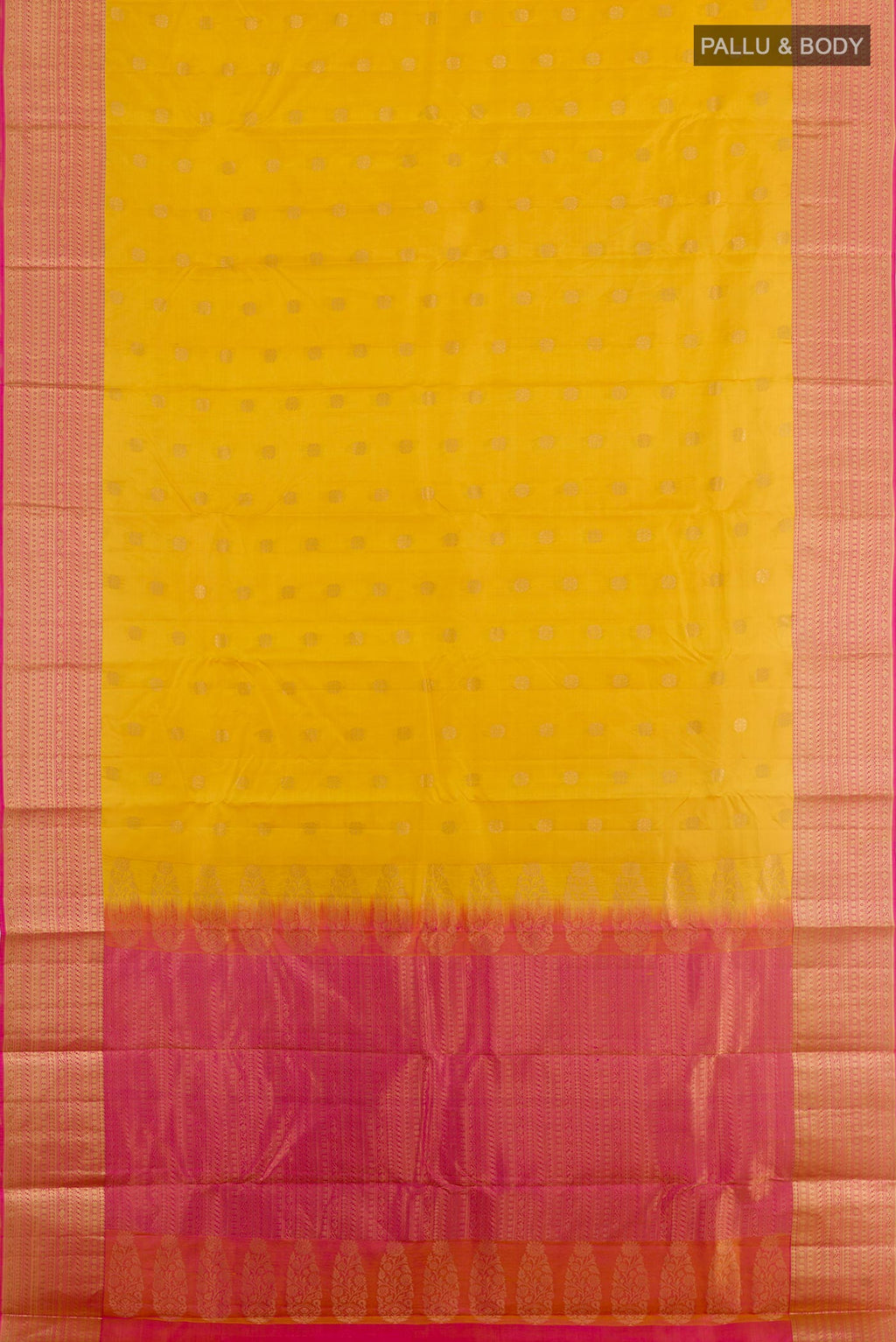 Flat view of Yellow Kanjivaram Silk Saree with Zari Butta on the body and Zari Border. 