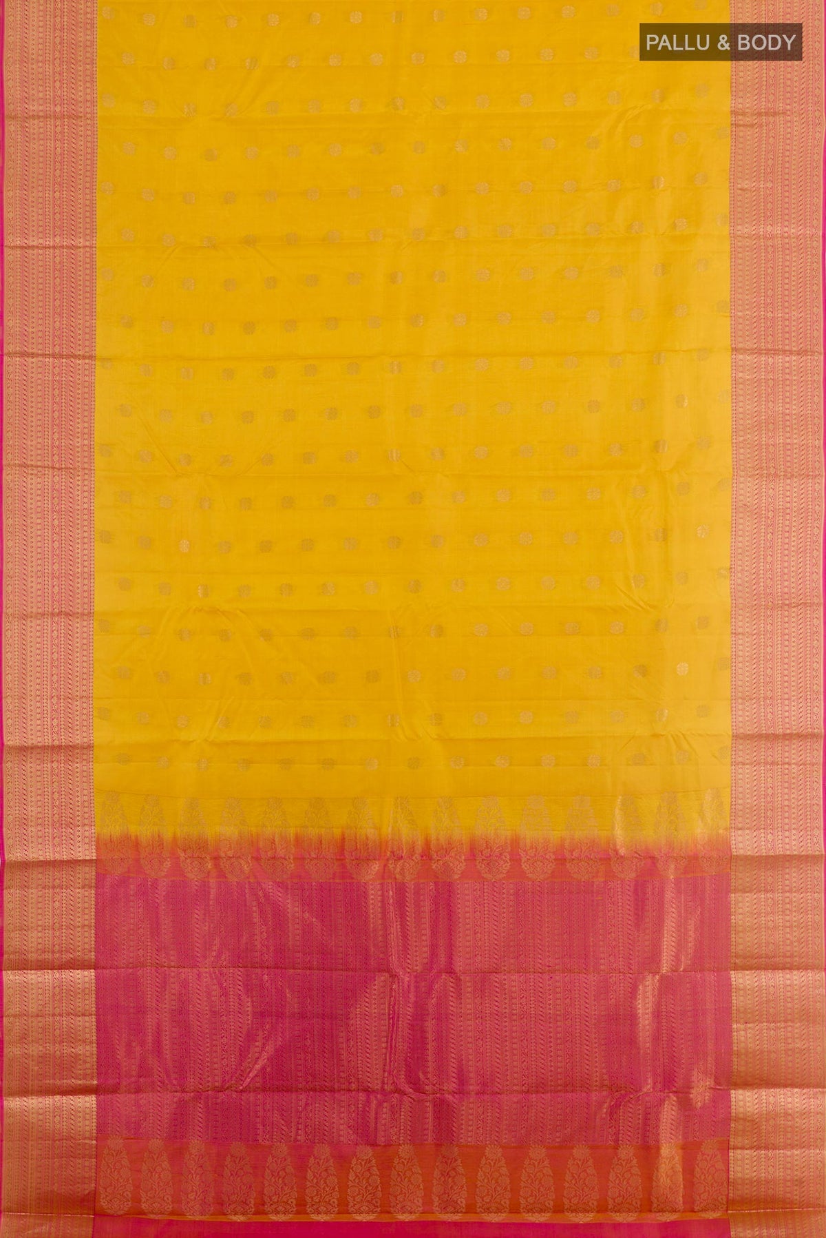 Flat view of Yellow Kanjivaram Silk Saree with Zari Butta on the body and Zari Border. 