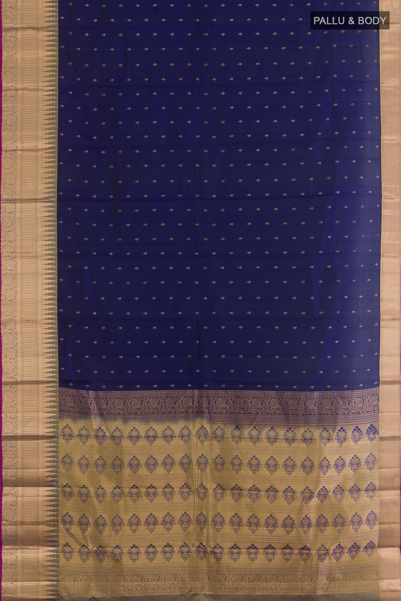 Flat view of Dark Blue Kanjivaram Silk Saree with Zari Butta on the body and Zari Border. 