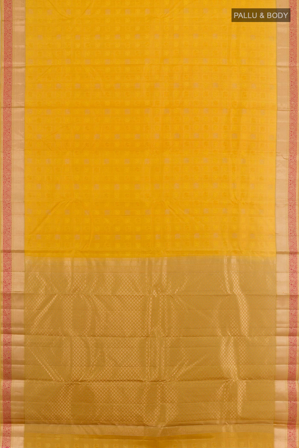 Flat view of Yellow Kanjivaram Silk Saree with Jacquard design on the body and Zari Border. 