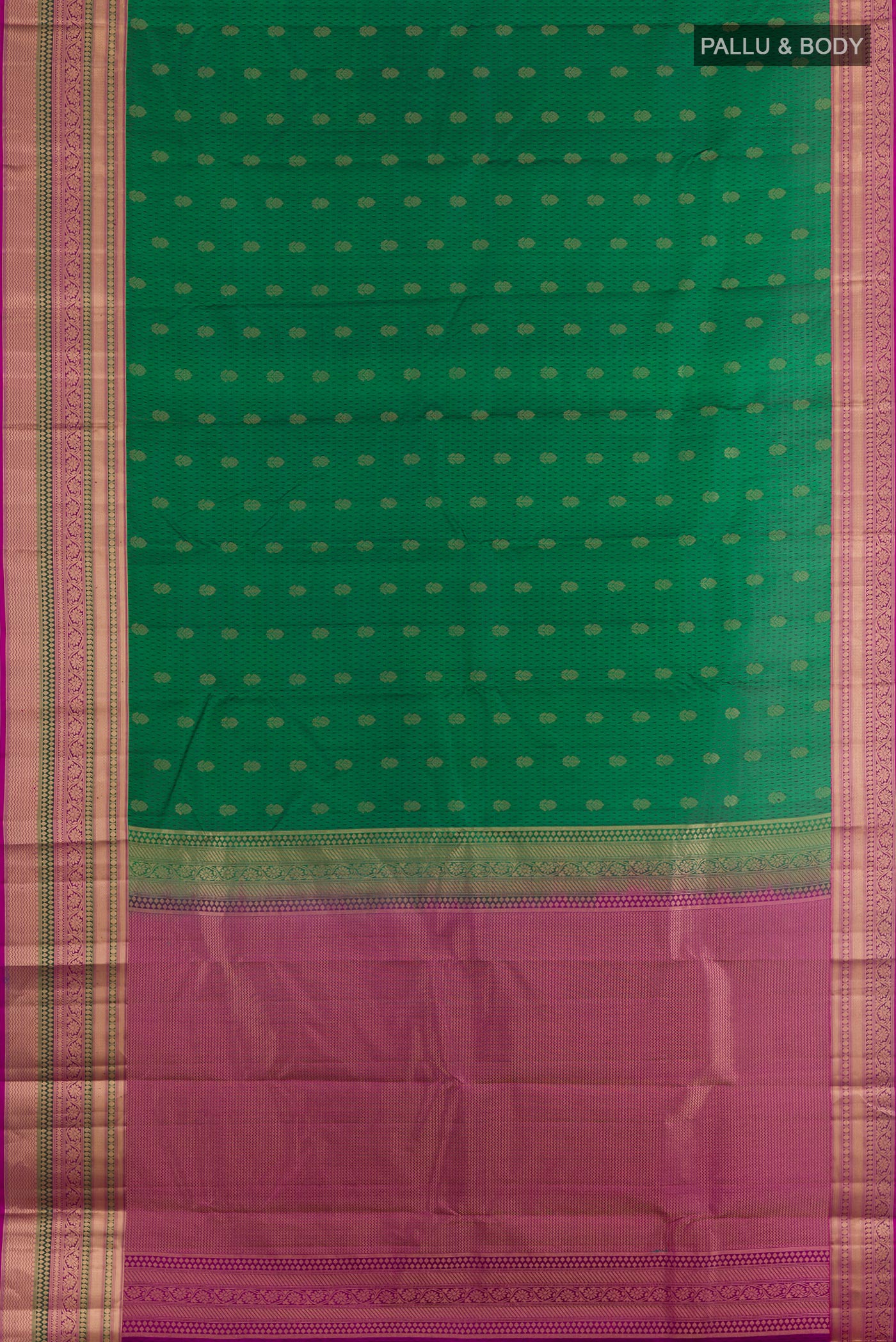 Flat view of Green Kanjivaram Silk Saree with Jacquard With Zari Butta on the body and Zari Border. 