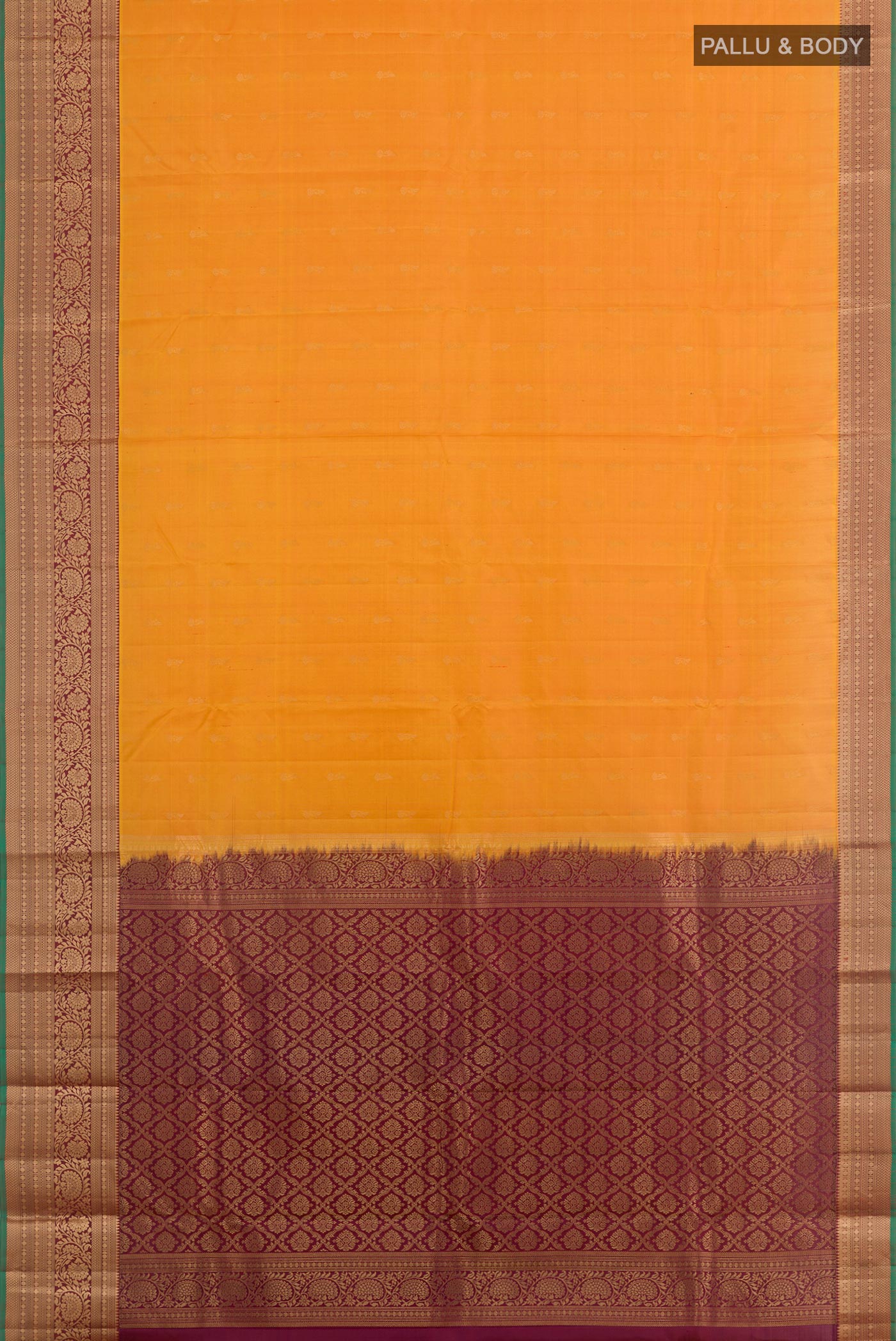 Flat view of Orange Kanjivaram Silk Saree with Zari Butta on the body and Zari Border. 