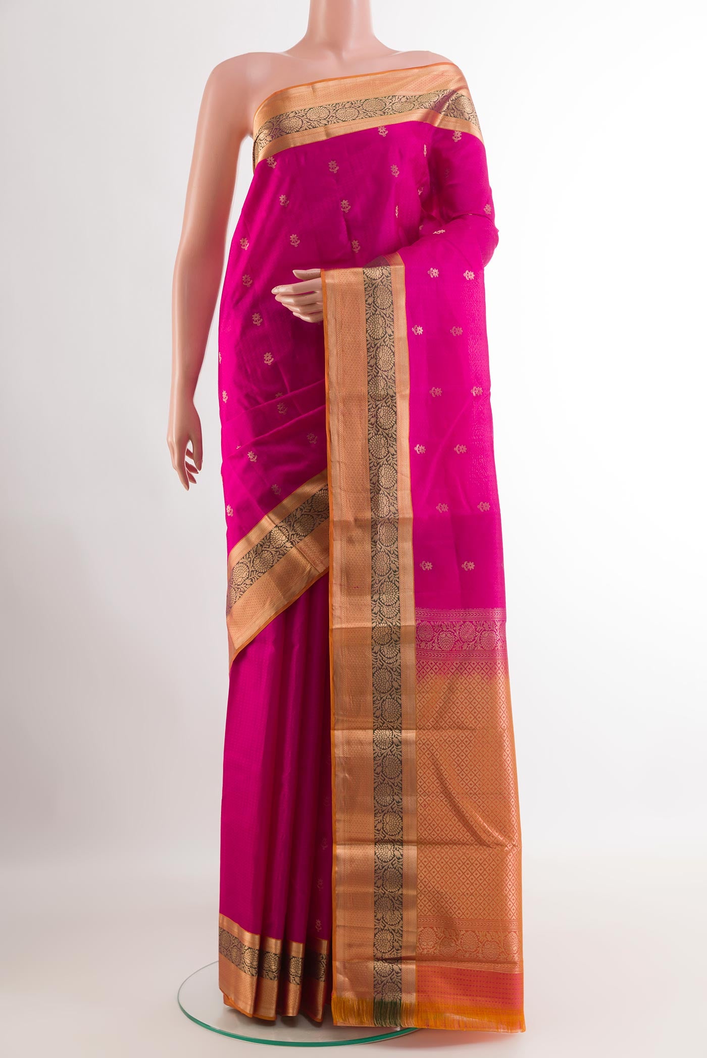 Pink Kanjivaram Silk Saree with Jacquard With Zari Butta on the body and Zari Border.  displayed on a mannequin