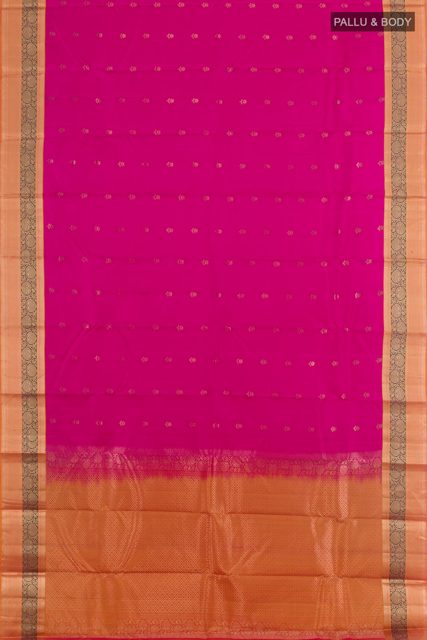 Flat view of Pink Kanjivaram Silk Saree with Jacquard With Zari Butta on the body and Zari Border. 