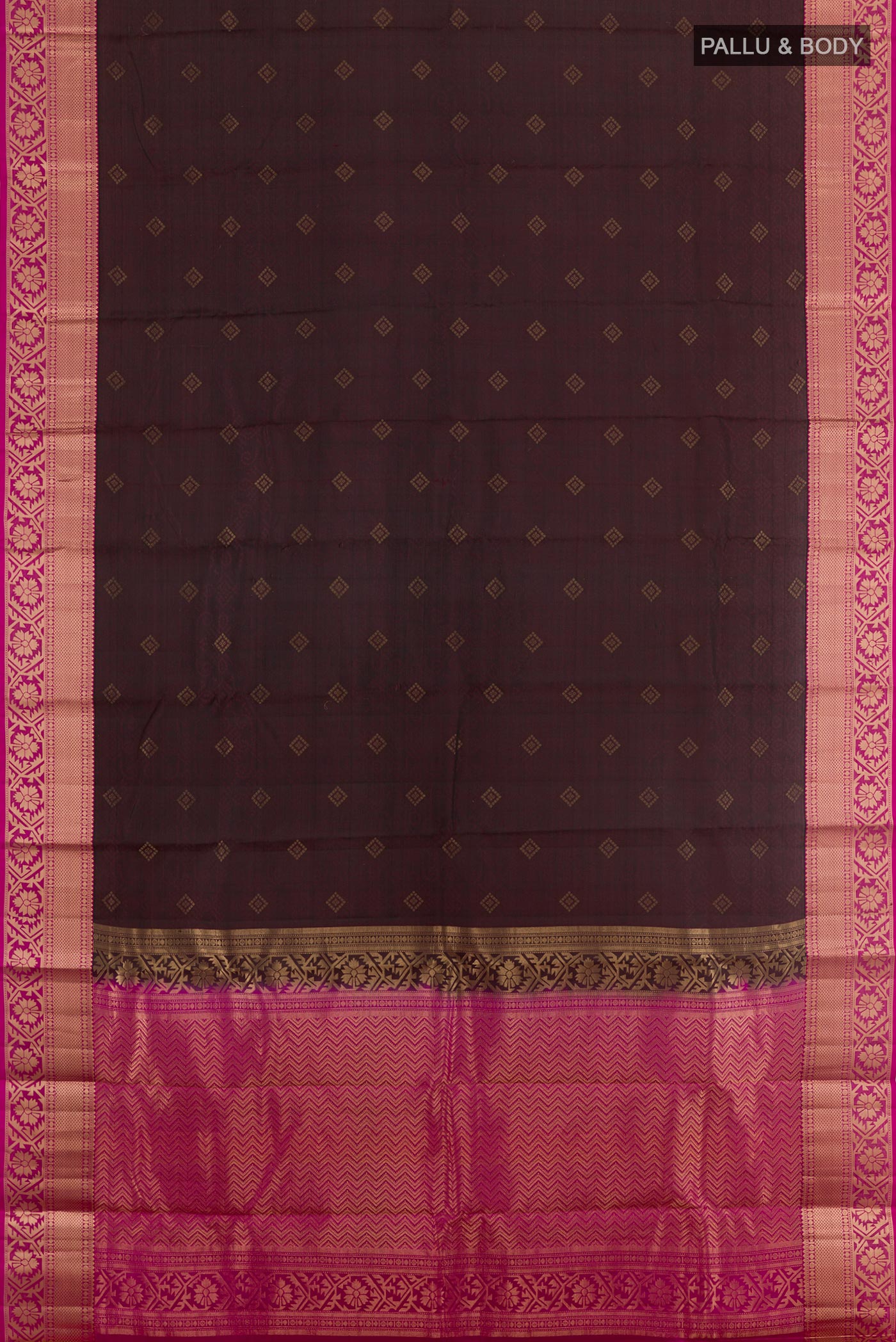 Flat view of Black Kanjivaram Silk Saree with Jacquard With Zari Butta on the body and Zari Border. 