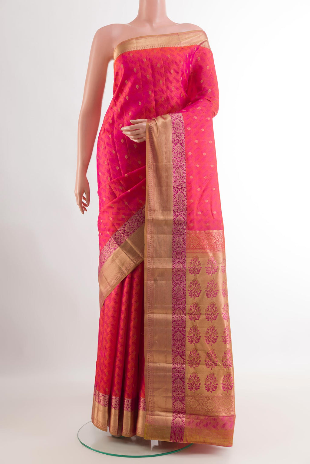 Pink Kanjivaram Silk Saree with Jacquard With Zari Butta on the body and Zari Border.  displayed on a mannequin
