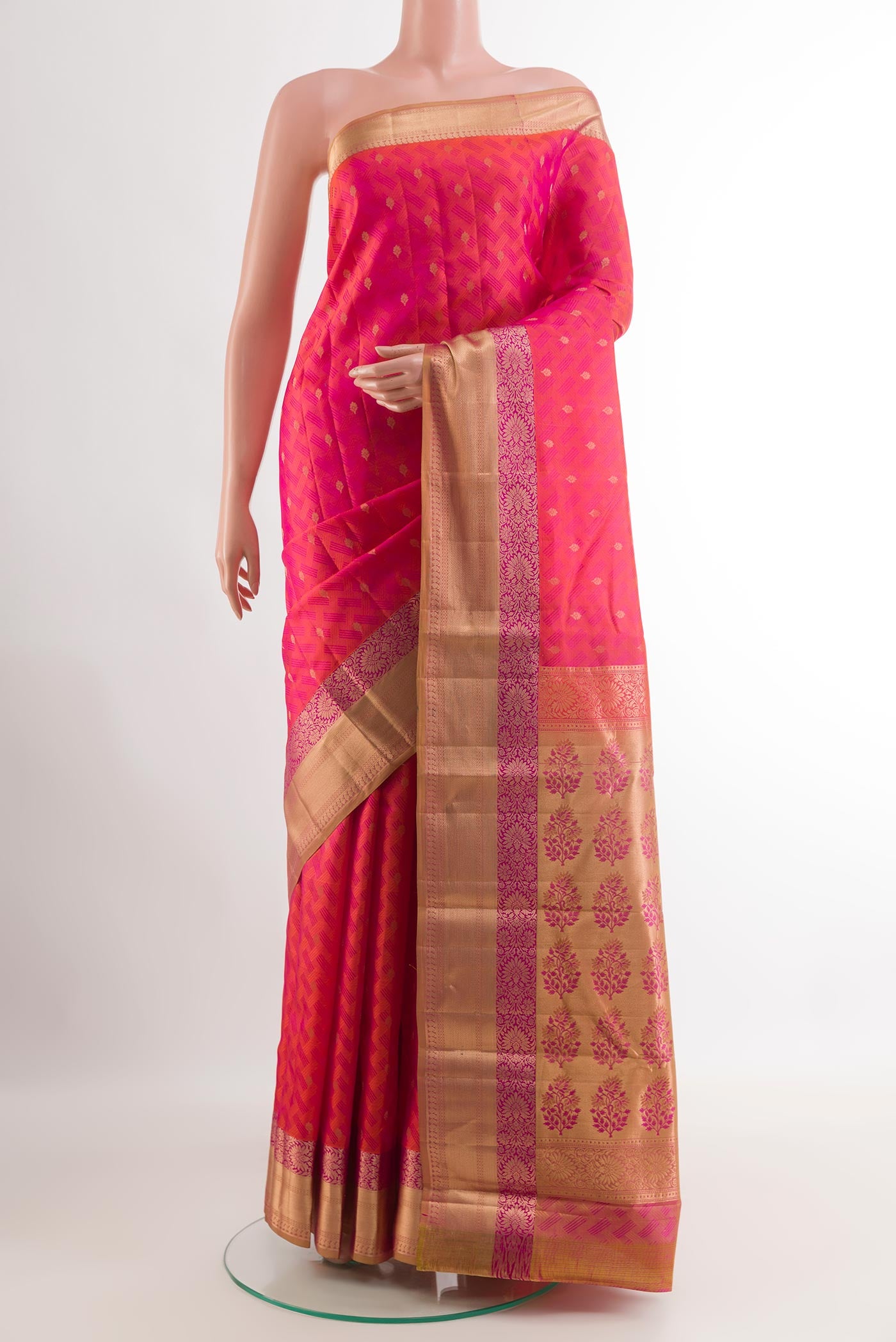 Pink Kanjivaram Silk Saree with Jacquard With Zari Butta on the body and Zari Border.  displayed on a mannequin