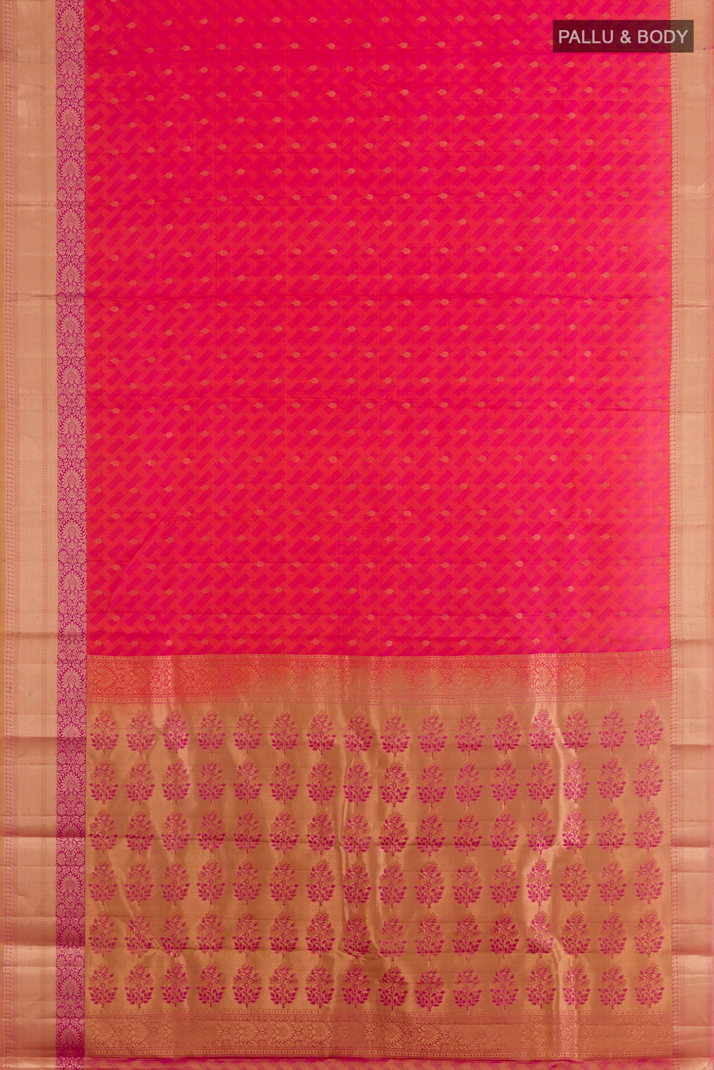 Flat view of Pink Kanjivaram Silk Saree with Jacquard With Zari Butta on the body and Zari Border. 